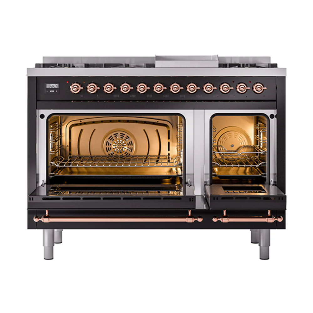 ILVE 48-Inch Nostalgie II Natural Gas Dual Fuel Range with 8 Burners, Griddle, and Solid Door Oven in Glossy Black with Copper Trim (UP48FQNMPBKP) - Image 2