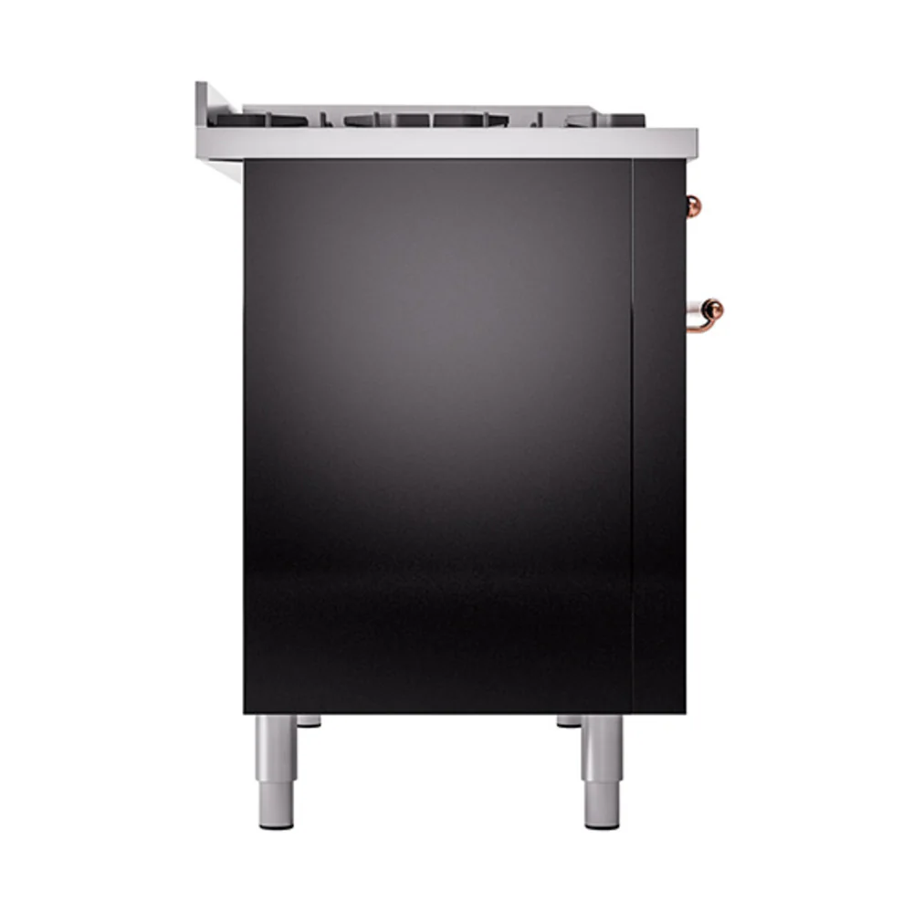 ILVE 48-Inch Nostalgie II Natural Gas Dual Fuel Range with 8 Burners, Griddle, and Solid Door Oven in Glossy Black with Copper Trim (UP48FQNMPBKP) - Image 4