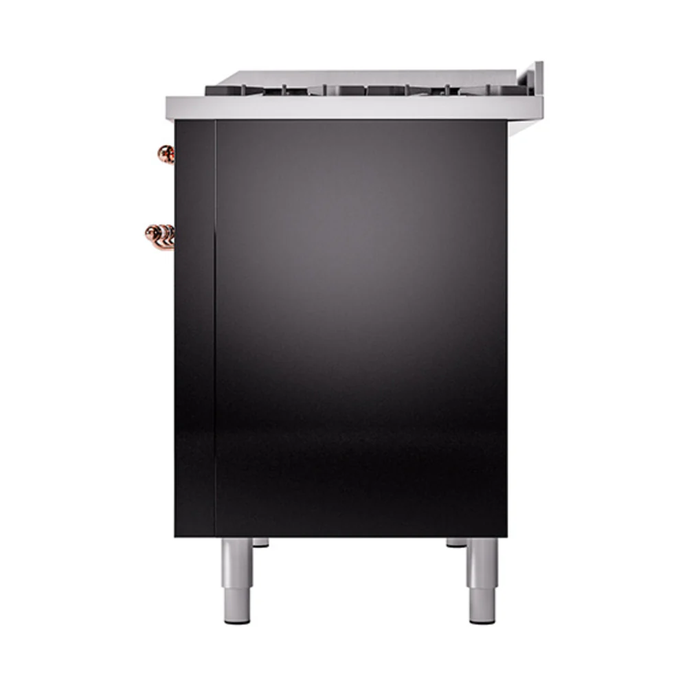 ILVE 48-Inch Nostalgie II Natural Gas Dual Fuel Range with 8 Burners, Griddle, and Solid Door Oven in Glossy Black with Copper Trim (UP48FQNMPBKP) - Image 5
