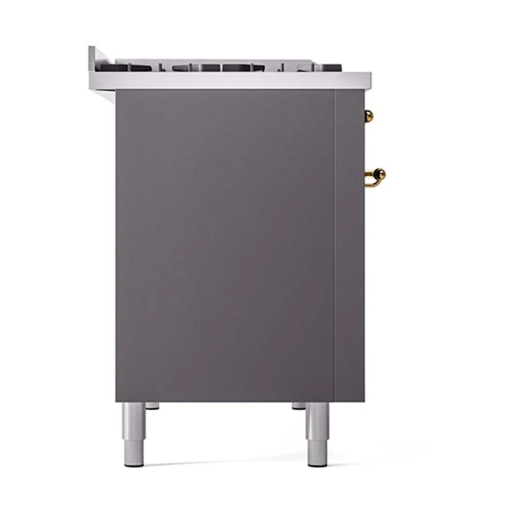ILVE 48-Inch Nostalgie II Natural Gas Dual Fuel Range with 8 Burners, Griddle, and Solid Door Oven in Matte Graphite with Brass Trim (UP48FQNMPMGG) - Image 4