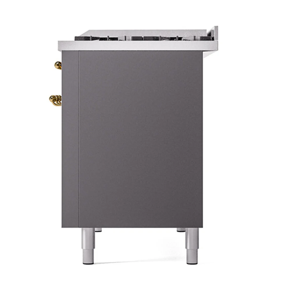 ILVE 48-Inch Nostalgie II Natural Gas Dual Fuel Range with 8 Burners, Griddle, and Solid Door Oven in Matte Graphite with Brass Trim (UP48FQNMPMGG) - Image 5