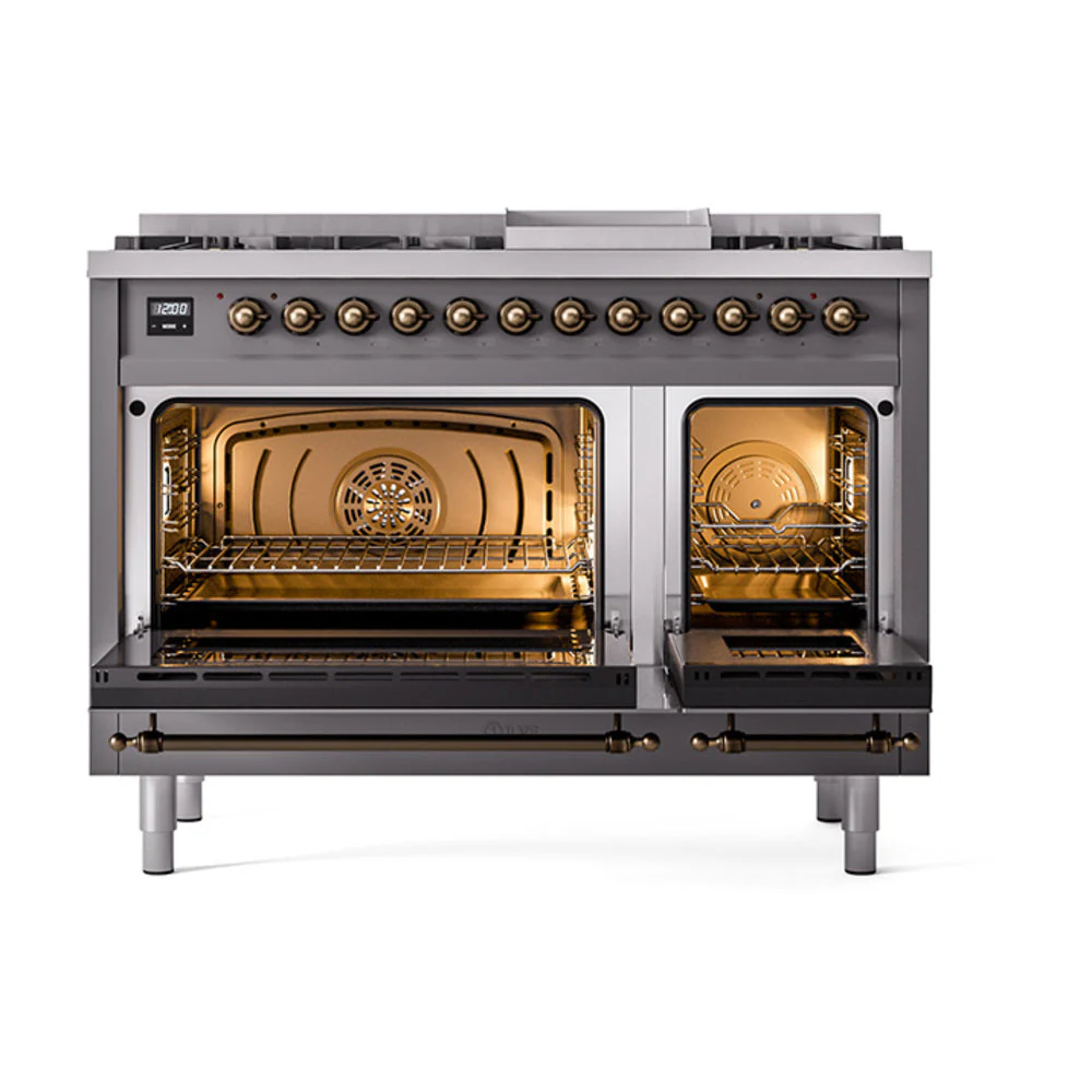 ILVE 48-Inch Nostalgie II Natural Gas Dual Fuel Range with 8 Burners, Griddle, and Solid Door Oven in Matte Graphite with Bronze Trim (UP48FQNMPMGB) - Image 2