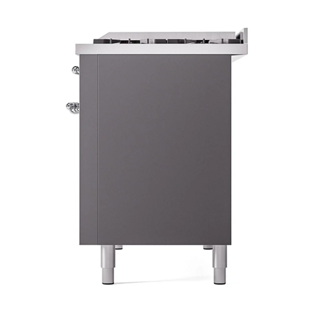 ILVE 48-Inch Nostalgie II Natural Gas Dual Fuel Range with 8 Burners, Griddle, and Solid Door Oven in Matte Graphite with Chrome Trim (UP48FQNMPMGC) - Image 5