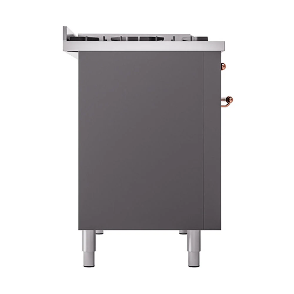 ILVE 48-Inch Nostalgie II Natural Gas Dual Fuel Range with 8 Burners, Griddle, and Solid Door Oven in Matte Graphite with Copper Trim (UP48FQNMPMGP) - Image 5