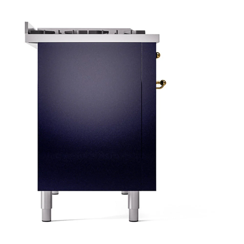 ILVE 48-Inch Nostalgie II Natural Gas Dual Fuel Range with 8 Burners, Griddle, and Solid Door Oven in Midnight Blue with Brass Trim (UP48FQNMPMBG) - Image 4