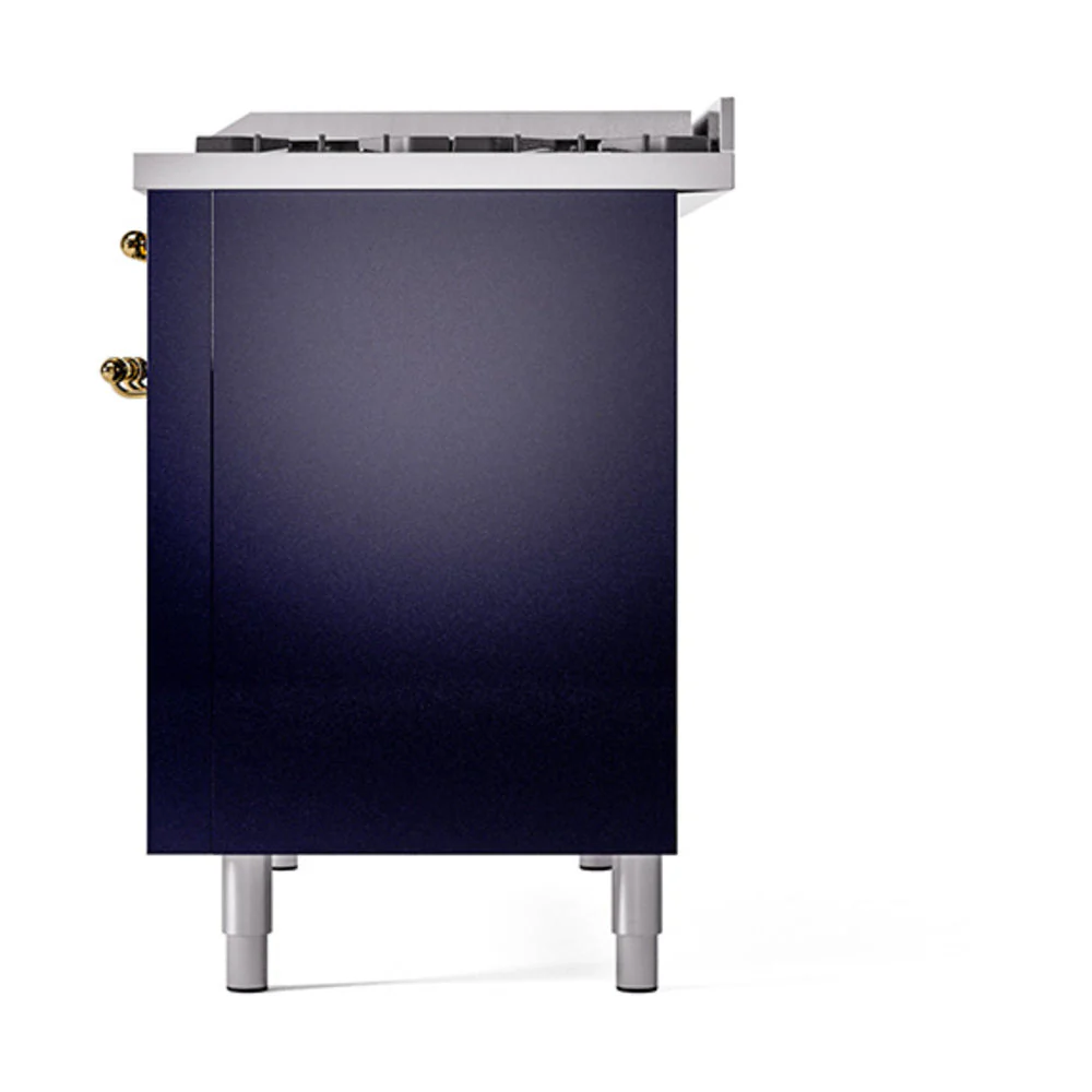 ILVE 48-Inch Nostalgie II Natural Gas Dual Fuel Range with 8 Burners, Griddle, and Solid Door Oven in Midnight Blue with Brass Trim (UP48FQNMPMBG) - Image 5