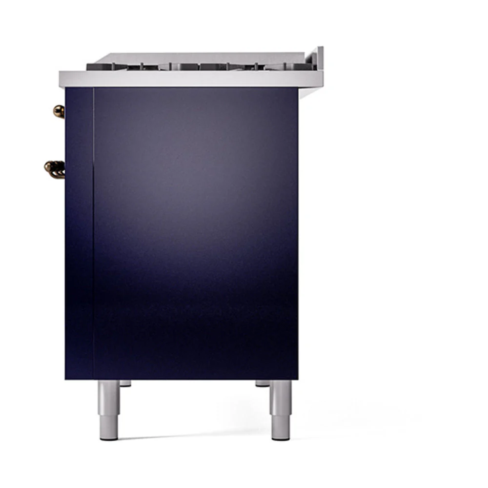 ILVE 48-Inch Nostalgie II Natural Gas Dual Fuel Range with 8 Burners, Griddle, and Solid Door Oven in Midnight Blue with Bronze Trim (UP48FQNMPMBB) - Image 5