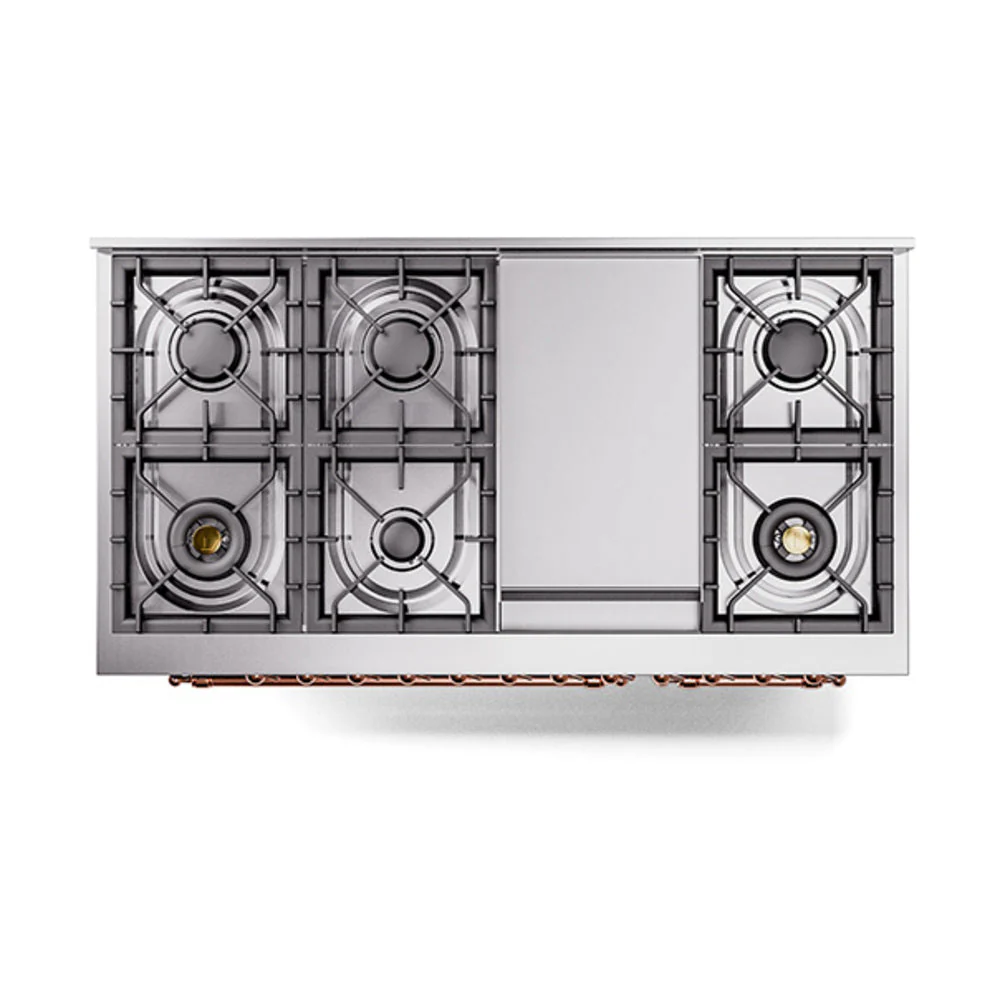 ILVE 48-Inch Nostalgie II Natural Gas Dual Fuel Range with 8 Burners, Griddle, and Solid Door Oven in Midnight Blue with Copper Trim (UP48FQNMPMBP) - Image 3