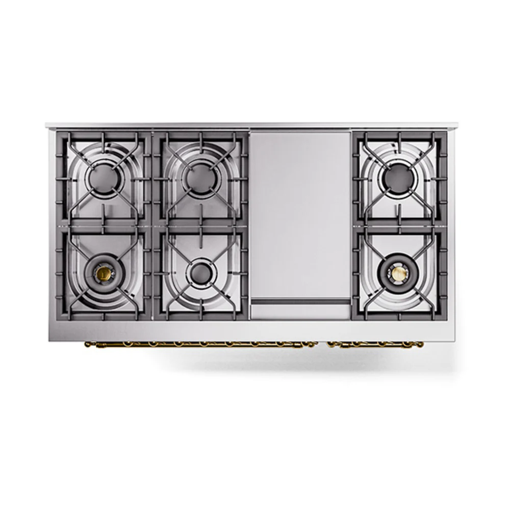 ILVE 48-Inch Nostalgie II Natural Gas Dual Fuel Range with 8 Burners, Griddle, and Solid Door Oven in Stainless Steel with Brass Trim (UP48FQNMPSSG) - Image 3