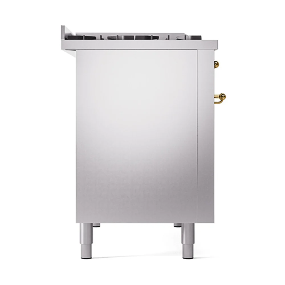 ILVE 48-Inch Nostalgie II Natural Gas Dual Fuel Range with 8 Burners, Griddle, and Solid Door Oven in Stainless Steel with Brass Trim (UP48FQNMPSSG) - Image 4