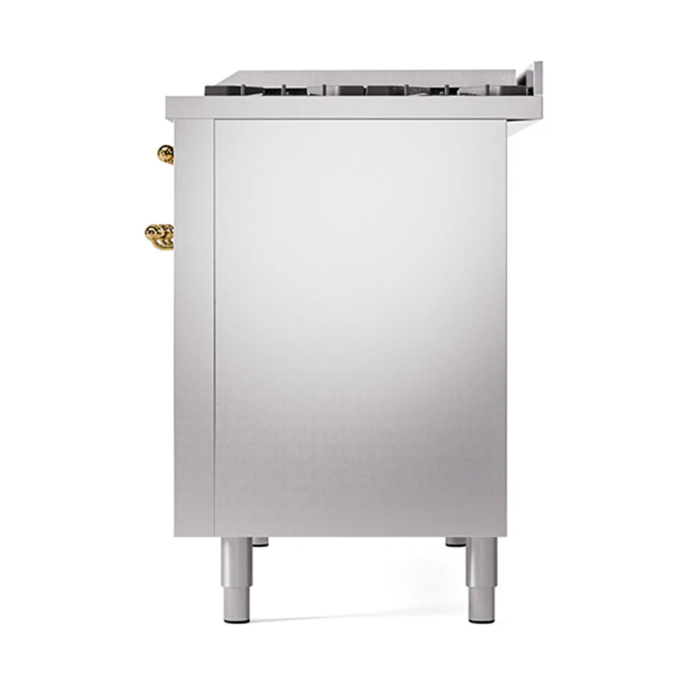 ILVE 48-Inch Nostalgie II Natural Gas Dual Fuel Range with 8 Burners, Griddle, and Solid Door Oven in Stainless Steel with Brass Trim (UP48FQNMPSSG) - Image 5