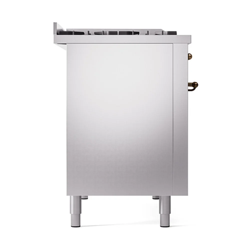 ILVE 48-Inch Nostalgie II Natural Gas Dual Fuel Range with 8 Burners, Griddle, and Solid Door Oven in Stainless Steel with Bronze Trim (UP48FQNMPSSB) - Image 4