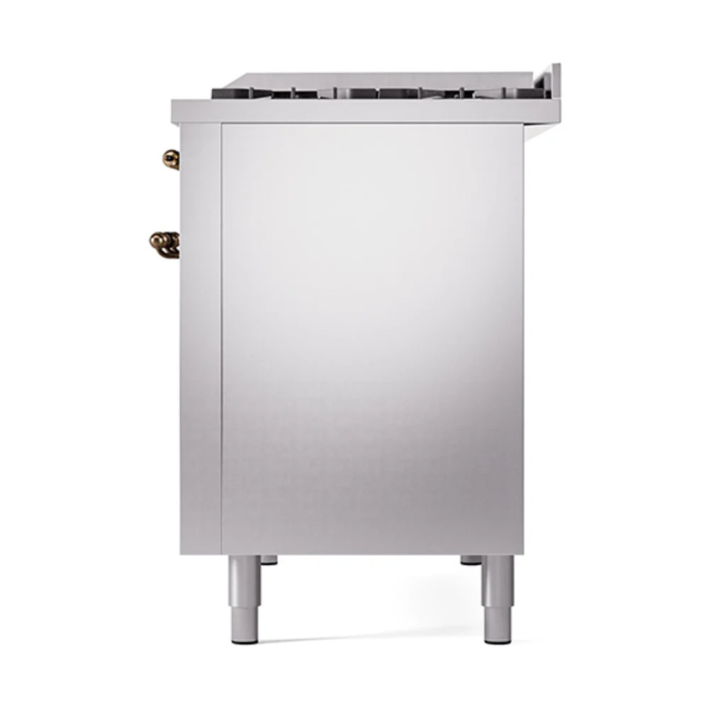 ILVE 48-Inch Nostalgie II Natural Gas Dual Fuel Range with 8 Burners, Griddle, and Solid Door Oven in Stainless Steel with Bronze Trim (UP48FQNMPSSB) - Image 5