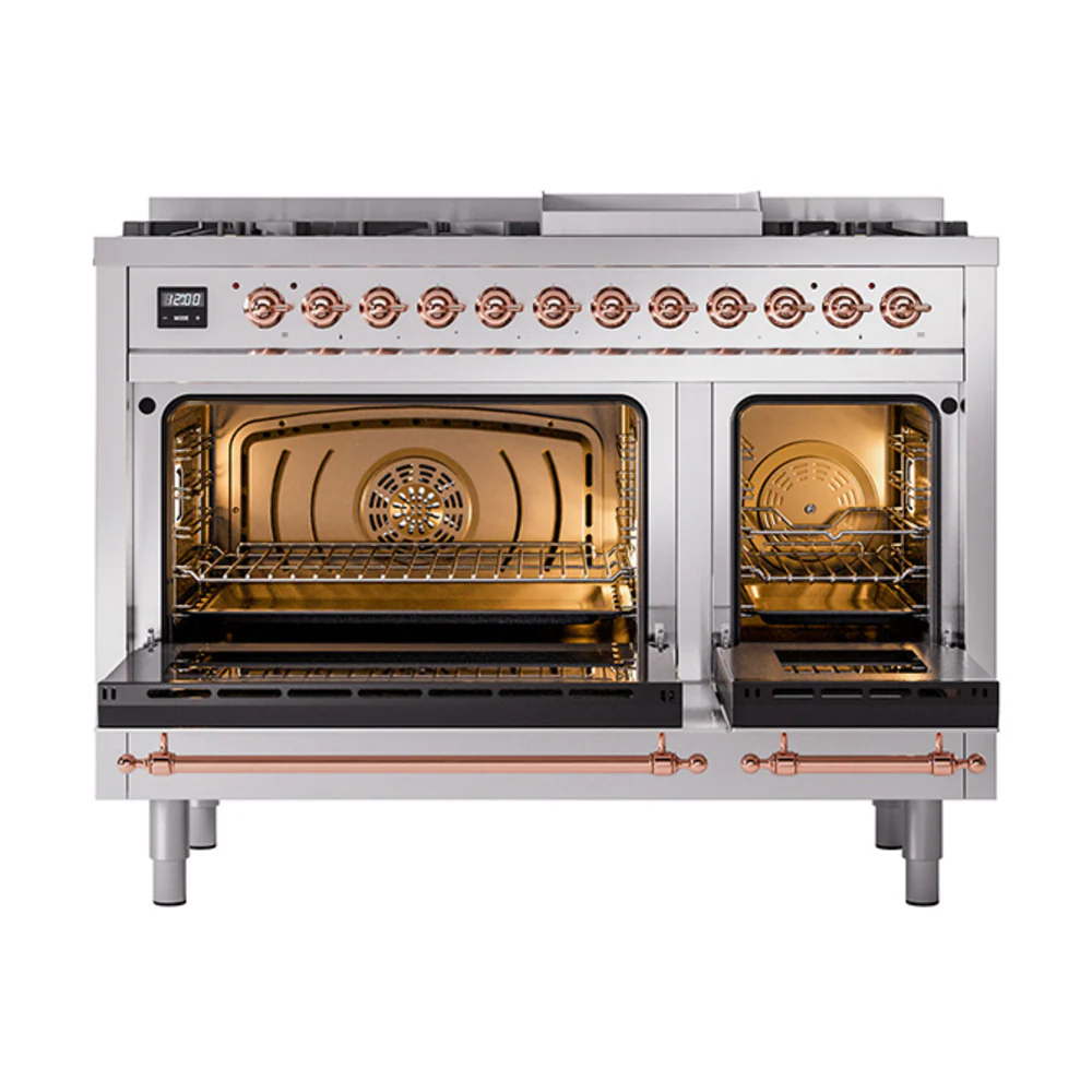 ILVE 48-Inch Nostalgie II Natural Gas Dual Fuel Range with 8 Burners, Griddle, and Solid Door Oven in Stainless Steel with Copper Trim (UP48FQNMPSSP) - Image 2