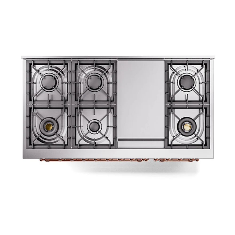 ILVE 48-Inch Nostalgie II Natural Gas Dual Fuel Range with 8 Burners, Griddle, and Solid Door Oven in Stainless Steel with Copper Trim (UP48FQNMPSSP) - Image 3