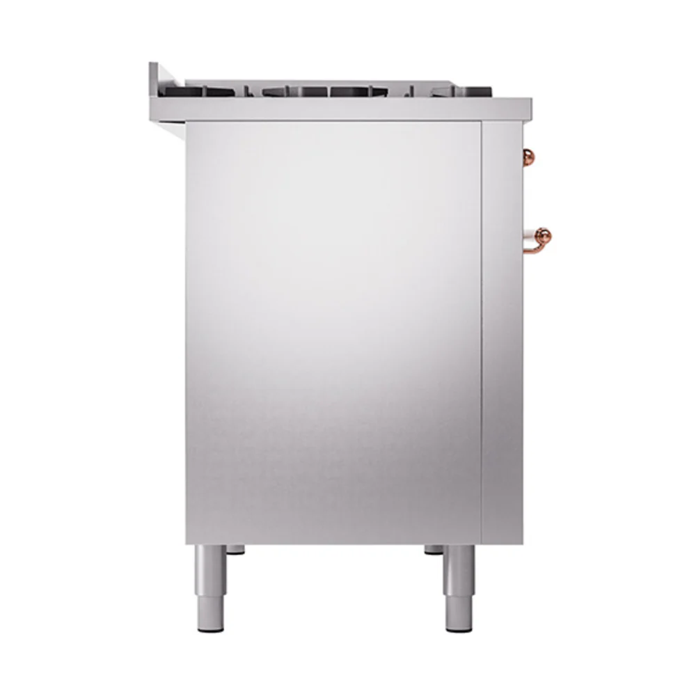 ILVE 48-Inch Nostalgie II Natural Gas Dual Fuel Range with 8 Burners, Griddle, and Solid Door Oven in Stainless Steel with Copper Trim (UP48FQNMPSSP) - Image 4