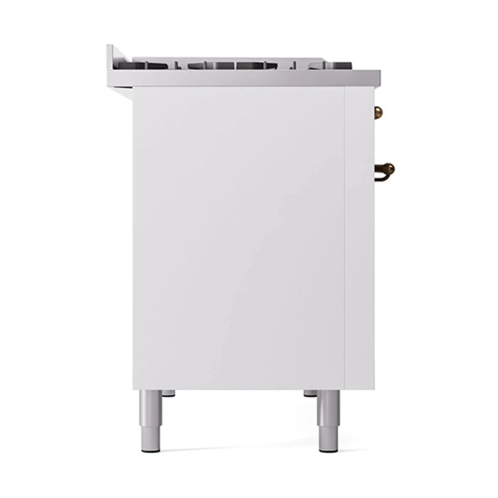 ILVE 48-Inch Nostalgie II Natural Gas Dual Fuel Range with 8 Burners, Griddle, and Solid Door Oven in White with Bronze Trim (UP48FQNMPWHB) - Image 4