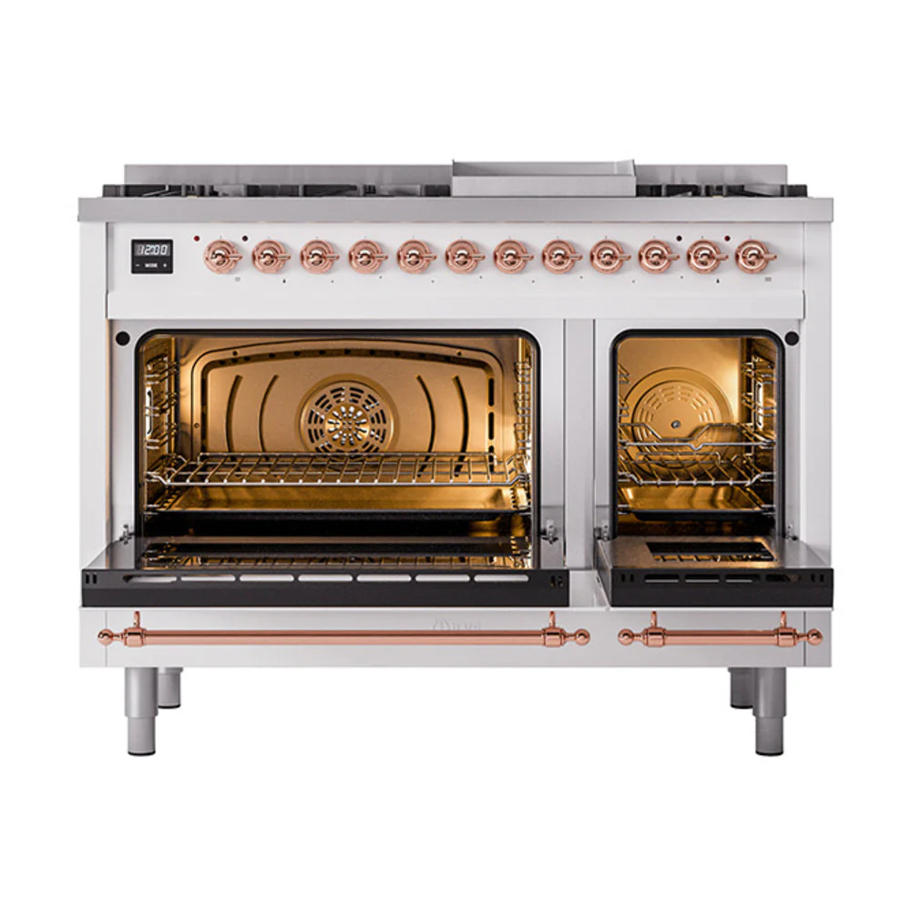 ILVE 48-Inch Nostalgie II Natural Gas Dual Fuel Range with 8 Burners, Griddle, and Solid Door Oven in White with Copper Trim (UP48FQNMPWHP) - Image 2