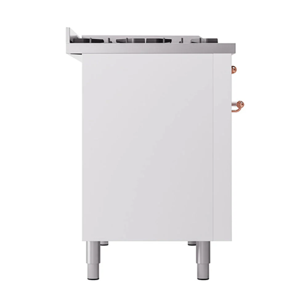 ILVE 48-Inch Nostalgie II Natural Gas Dual Fuel Range with 8 Burners, Griddle, and Solid Door Oven in White with Copper Trim (UP48FQNMPWHP) - Image 4