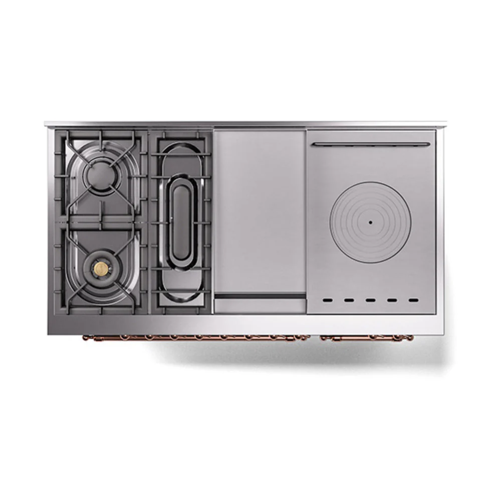ILVE 48-Inch Nostalgie II Noblesse Natural Gas Dual Fuel Range with 5 Sealed Burners, Griddle, French Top and Solid Door Oven in Burgundy with Copper Trim (UN48FSQNMPBUP) - Image 3