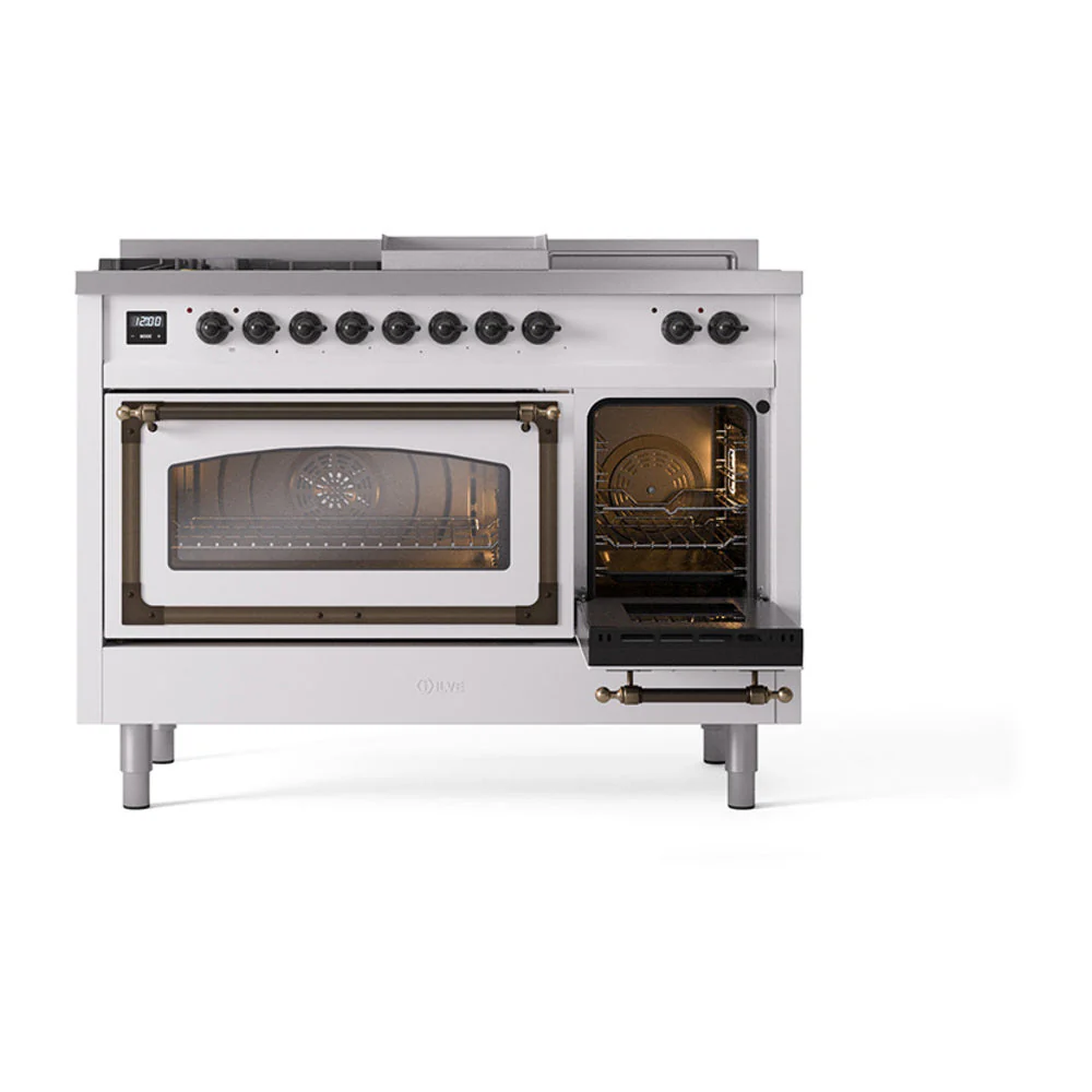 ILVE 48-Inch Nostalgie II Noblesse Natural Gas Dual Fuel Range with 5 Sealed Burners, Griddle, French Top and Triple Glass Door Oven in Custom RAL with Bronze Trim (UN48FSNMPRAB) - Image 7