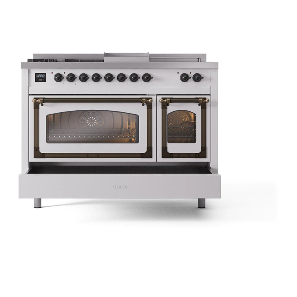 ILVE 48-Inch Nostalgie II Noblesse Natural Gas Dual Fuel Range with 5 Sealed Burners, Griddle, French Top and Triple Glass Door Oven in Custom RAL with Bronze Trim (UN48FSNMPRAB) - Image 8