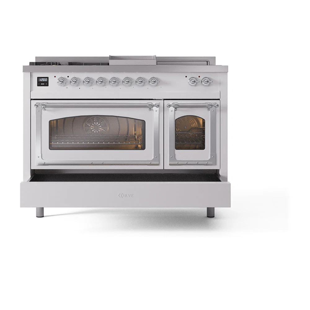 ILVE 48-Inch Nostalgie II Noblesse Natural Gas Dual Fuel Range with 5 Sealed Burners, Griddle, French Top and Triple Glass Door Oven in Custom RAL with Chrome Trim (UN48FSNMPRAC) - Image 8