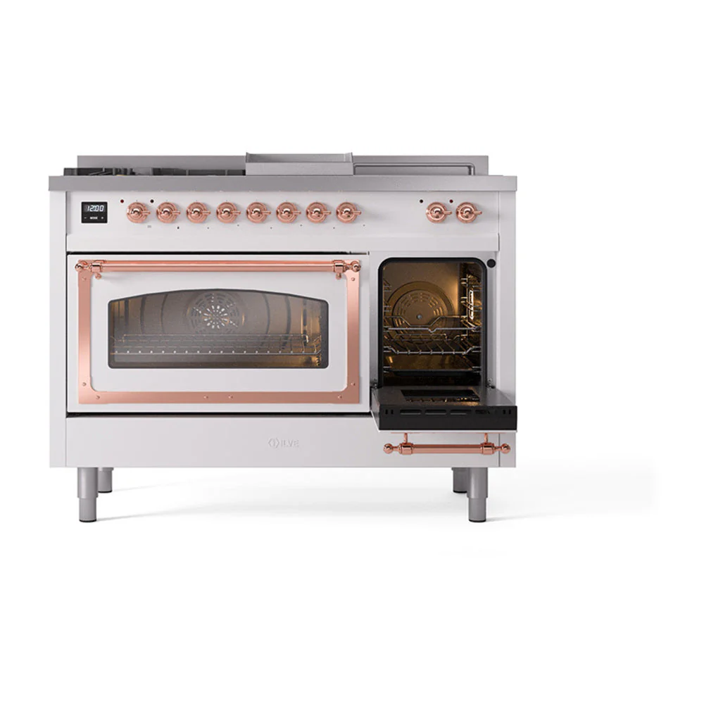 ILVE 48-Inch Nostalgie II Noblesse Natural Gas Dual Fuel Range with 5 Sealed Burners, Griddle, French Top and Triple Glass Door Oven in Custom RAL with Copper Trim (UN48FSNMPRAP) - Image 7