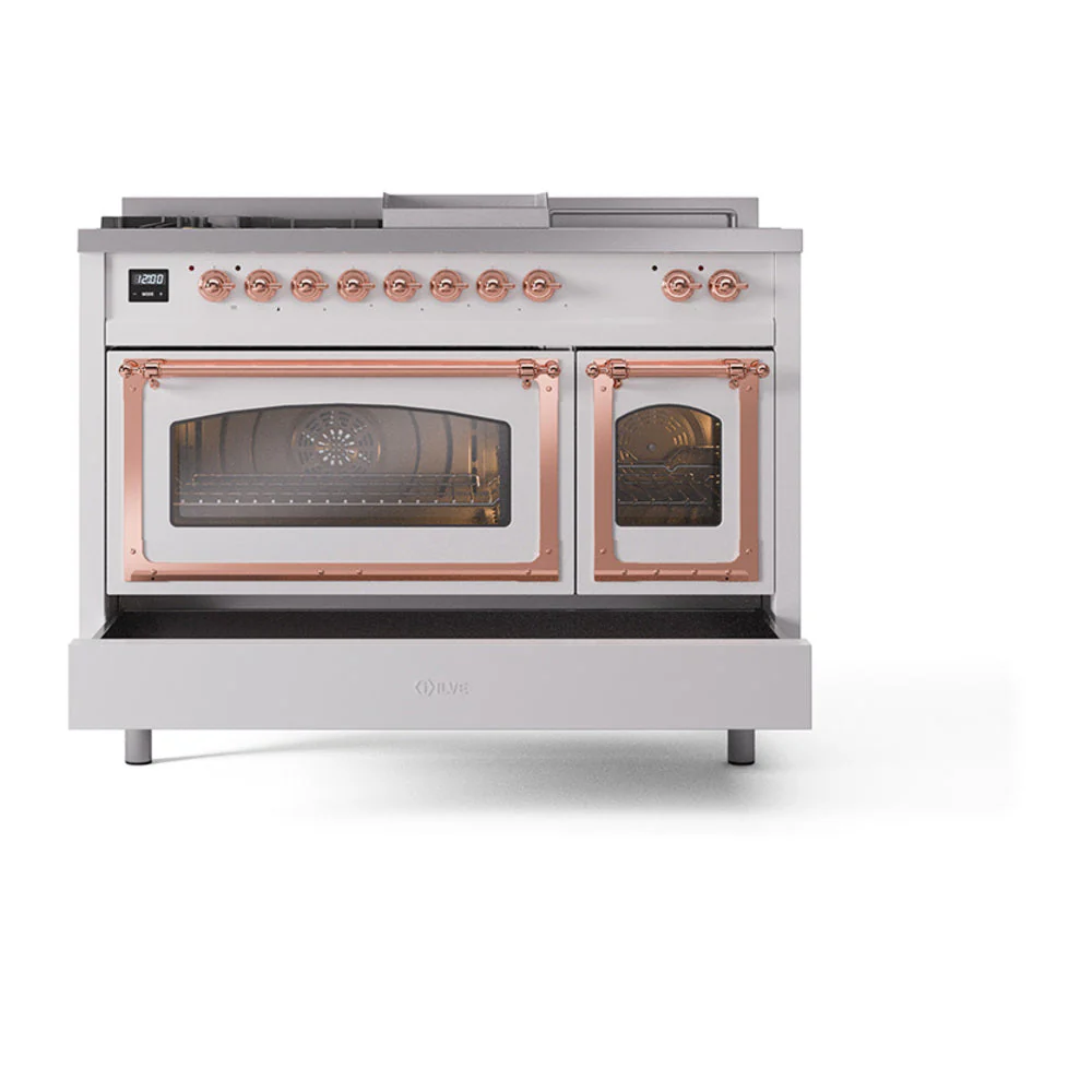 ILVE 48-Inch Nostalgie II Noblesse Natural Gas Dual Fuel Range with 5 Sealed Burners, Griddle, French Top and Triple Glass Door Oven in Custom RAL with Copper Trim (UN48FSNMPRAP) - Image 8