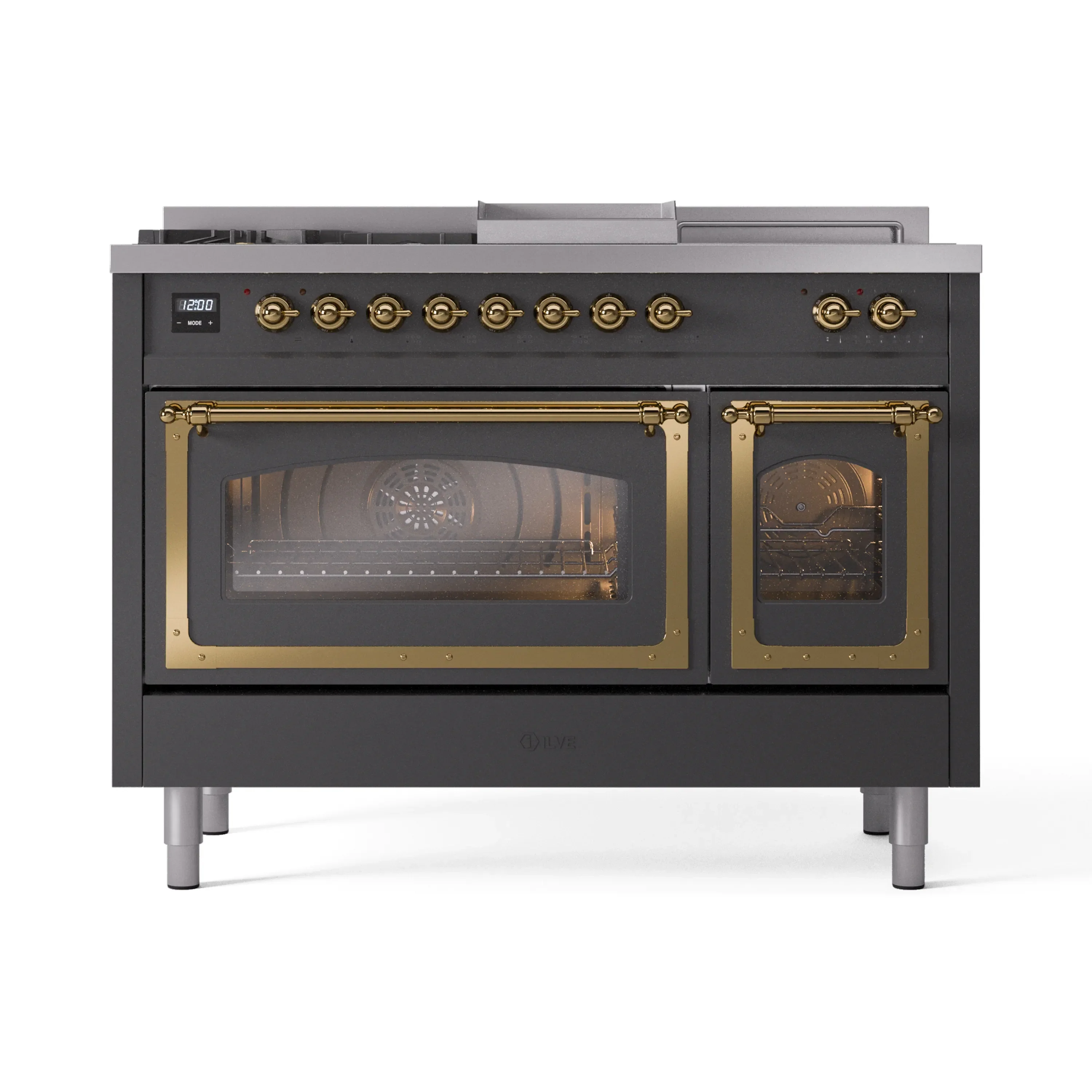 ILVE 48-Inch Nostalgie II Noblesse Natural Gas Dual Fuel Range with 5 Sealed Burners, Griddle, French Top and Triple Glass Door Oven in Matte Graphite with Brass Trim (UN48FSNMPMGG) - Image 2