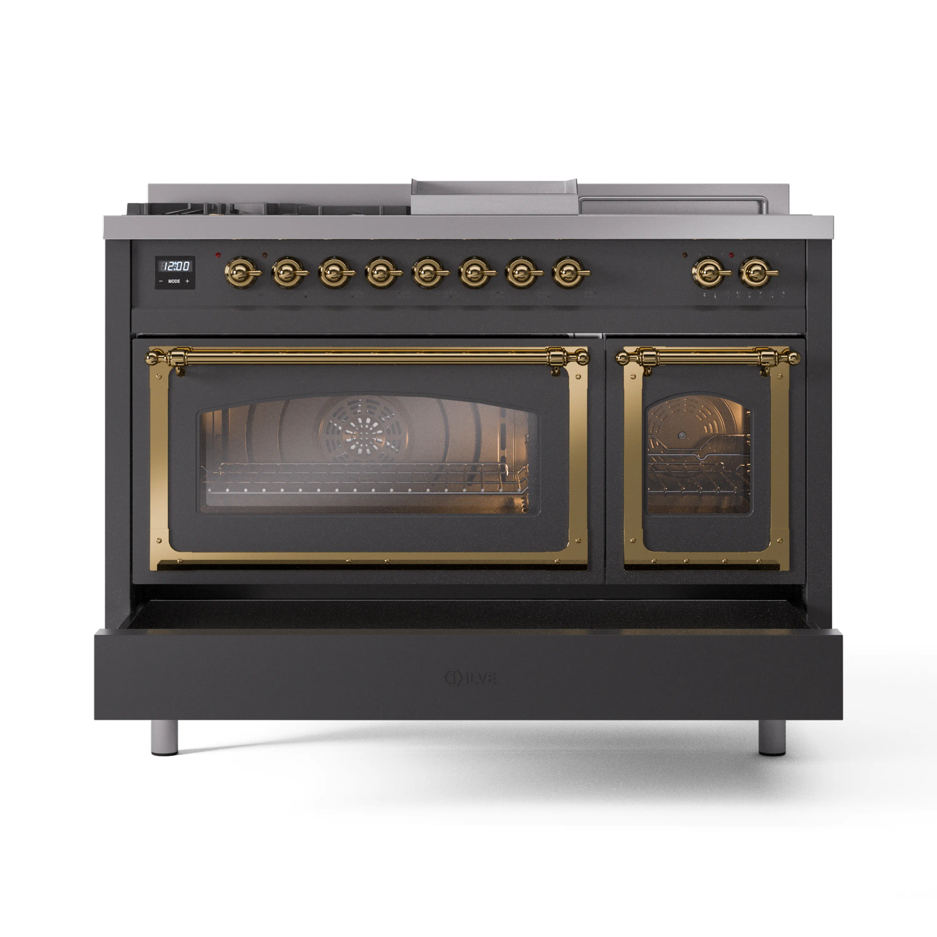 ILVE 48-Inch Nostalgie II Noblesse Natural Gas Dual Fuel Range with 5 Sealed Burners, Griddle, French Top and Triple Glass Door Oven in Matte Graphite with Brass Trim (UN48FSNMPMGG) - Image 3
