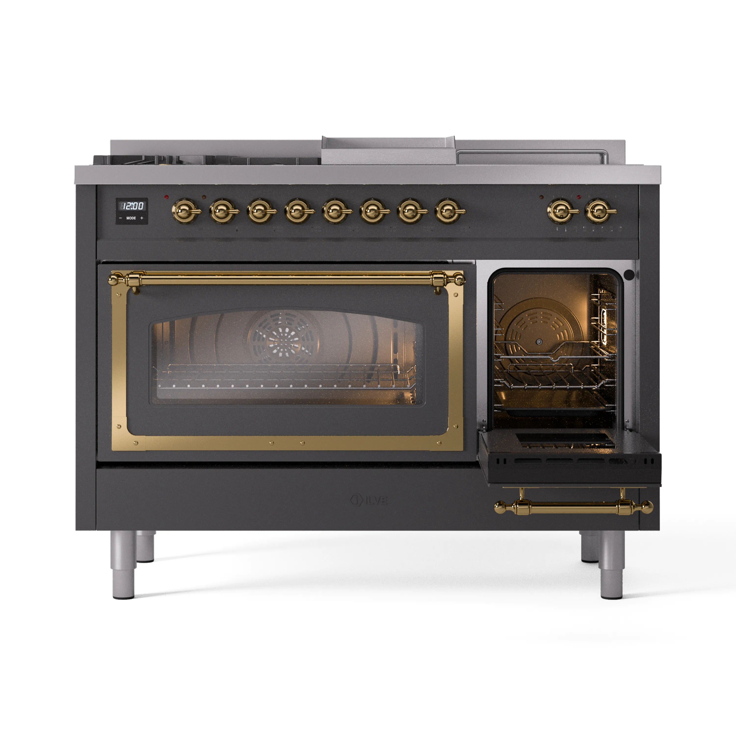 ILVE 48-Inch Nostalgie II Noblesse Natural Gas Dual Fuel Range with 5 Sealed Burners, Griddle, French Top and Triple Glass Door Oven in Matte Graphite with Brass Trim (UN48FSNMPMGG) - Image 4