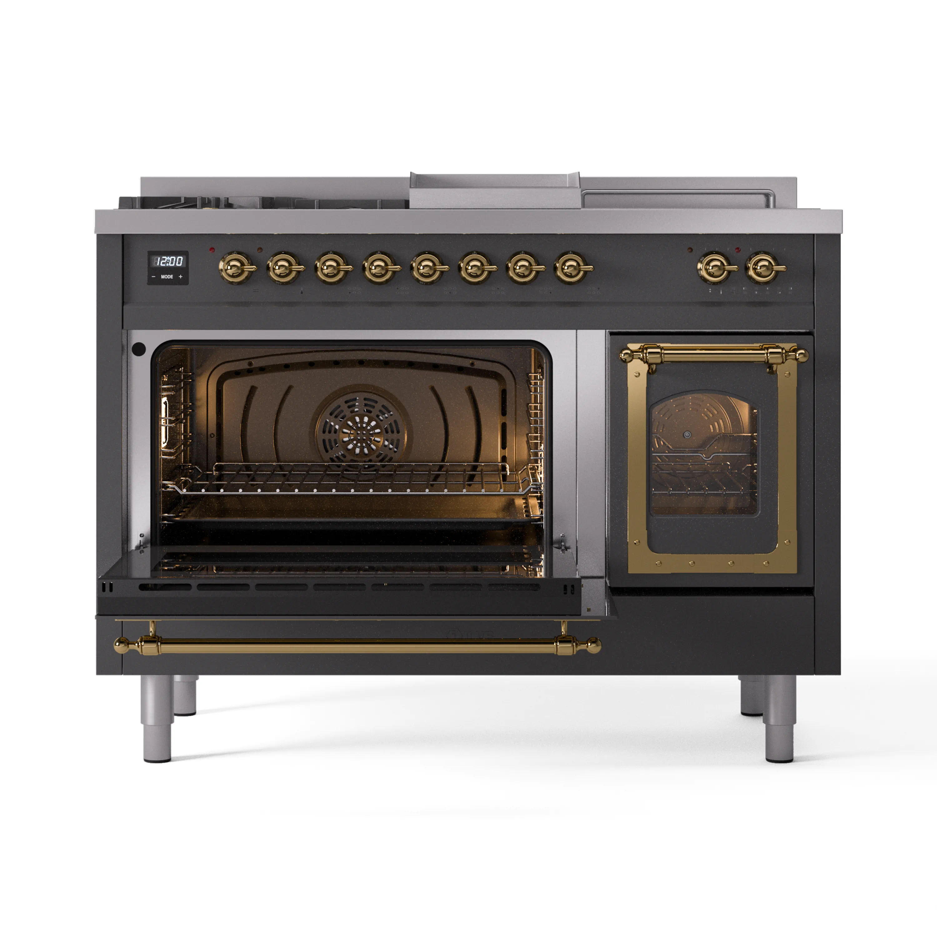 ILVE 48-Inch Nostalgie II Noblesse Natural Gas Dual Fuel Range with 5 Sealed Burners, Griddle, French Top and Triple Glass Door Oven in Matte Graphite with Brass Trim (UN48FSNMPMGG) - Image 5