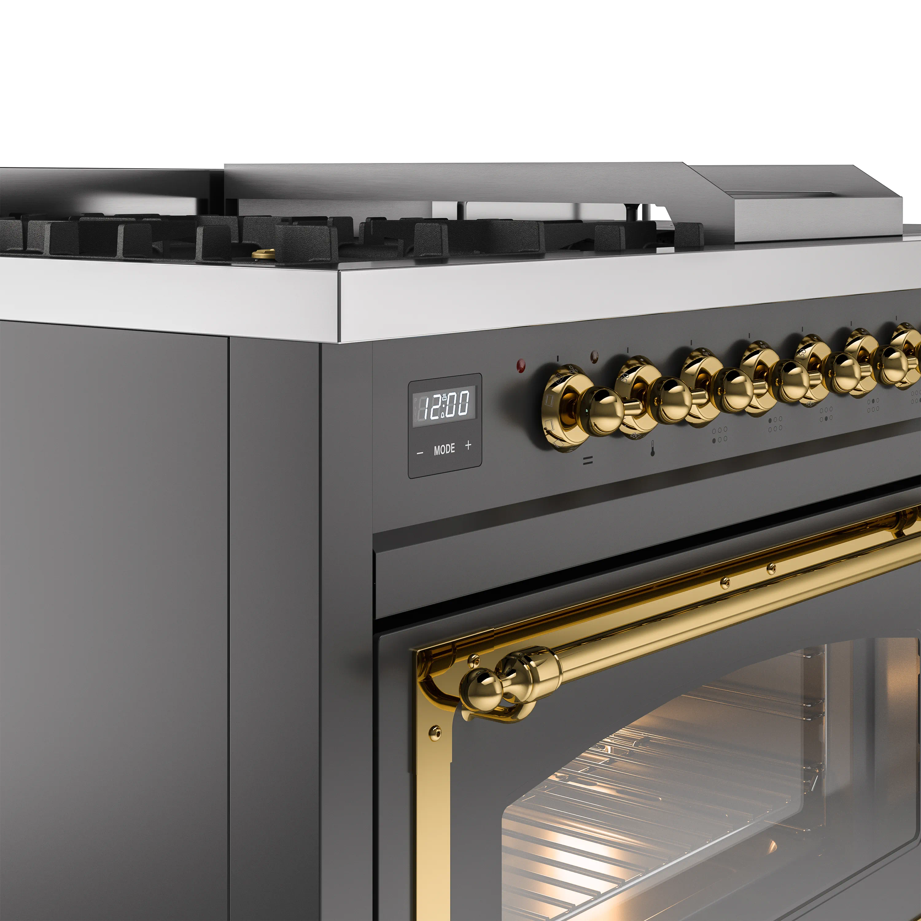 ILVE 48-Inch Nostalgie II Noblesse Natural Gas Dual Fuel Range with 5 Sealed Burners, Griddle, French Top and Triple Glass Door Oven in Matte Graphite with Brass Trim (UN48FSNMPMGG) - Image 6