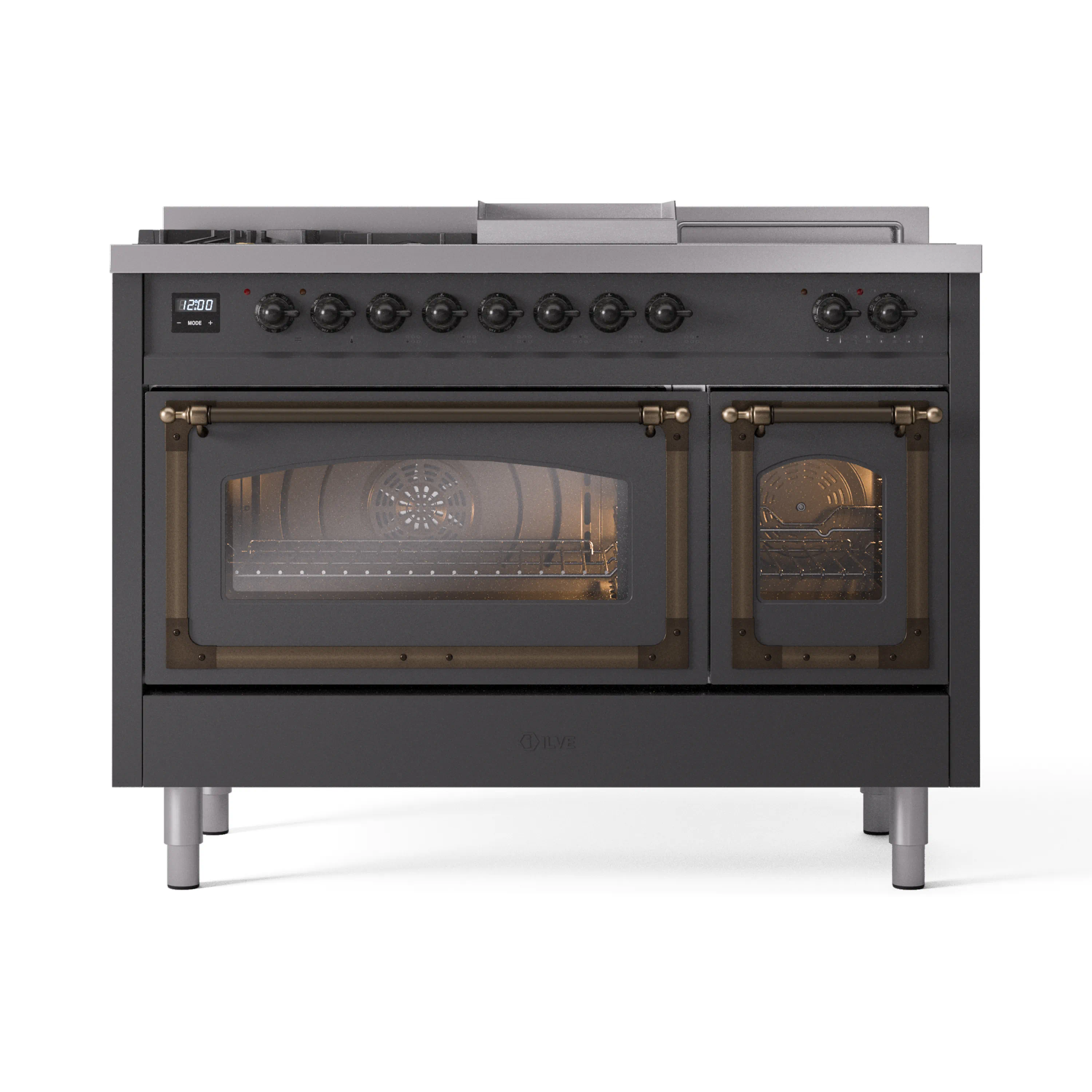 ILVE 48-Inch Nostalgie II Noblesse Natural Gas Dual Fuel Range with 5 Sealed Burners, Griddle, French Top and Triple Glass Door Oven in Matte Graphite with Bronze Trim - Image 2