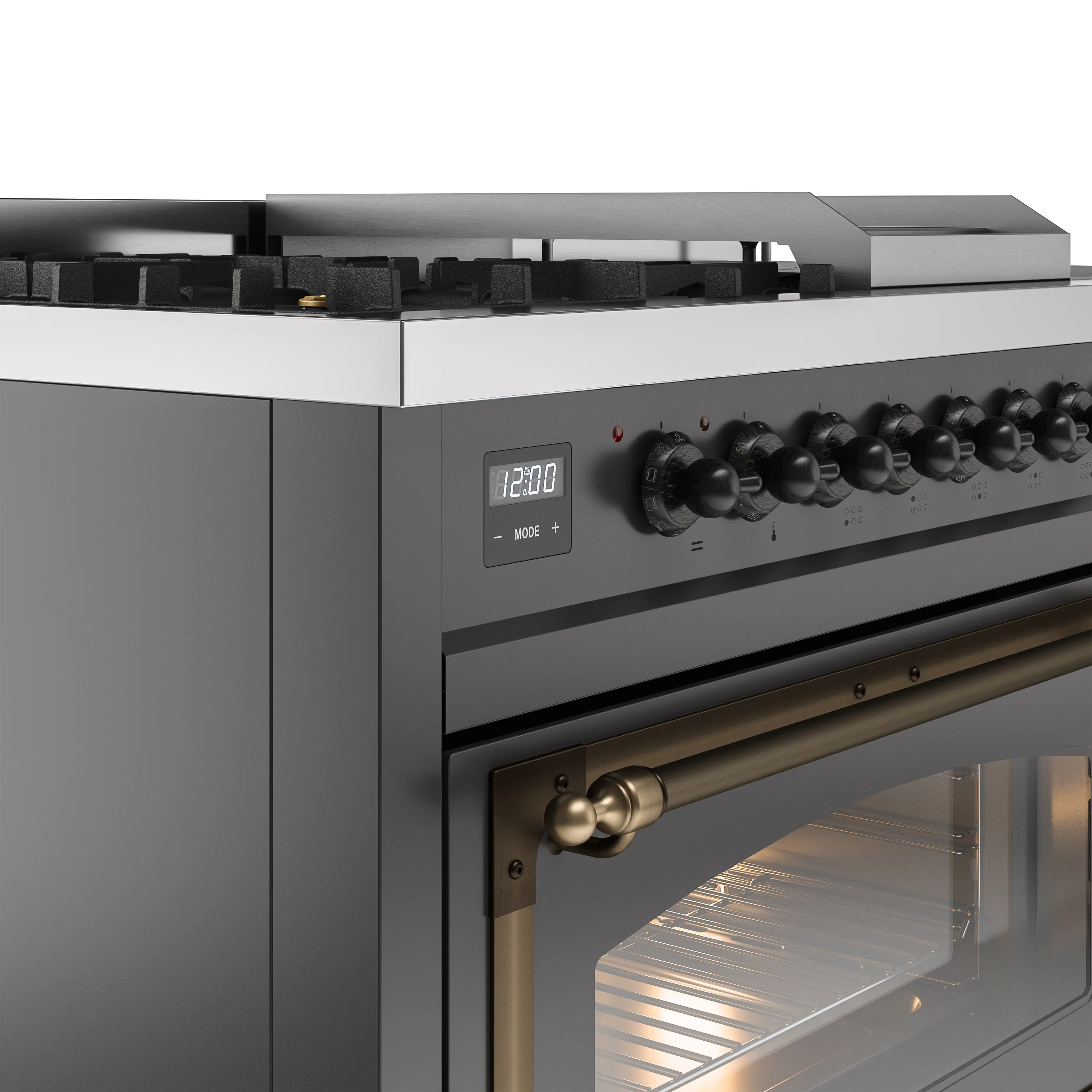 ILVE 48-Inch Nostalgie II Noblesse Natural Gas Dual Fuel Range with 5 Sealed Burners, Griddle, French Top and Triple Glass Door Oven in Matte Graphite with Bronze Trim - Image 3