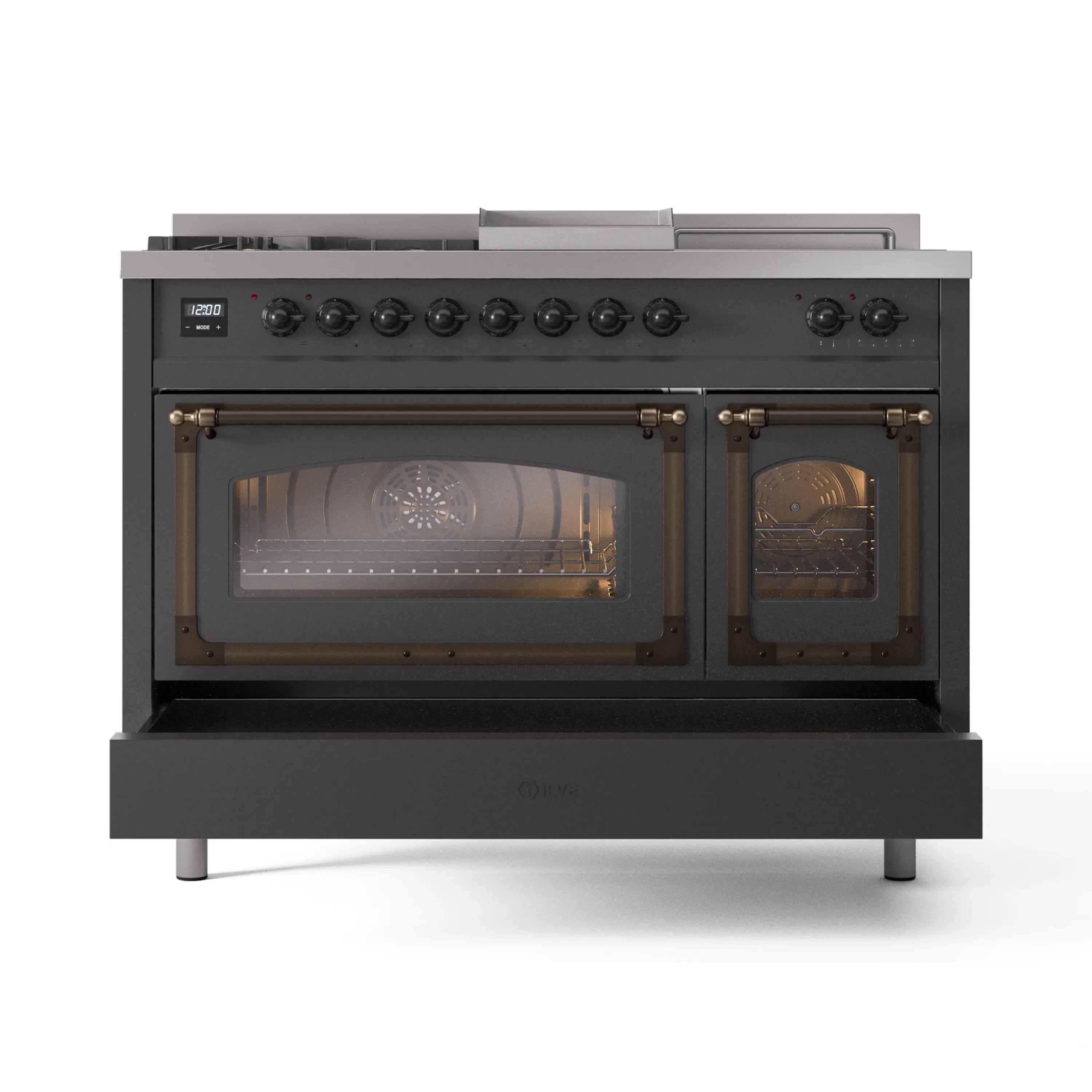ILVE 48-Inch Nostalgie II Noblesse Natural Gas Dual Fuel Range with 5 Sealed Burners, Griddle, French Top and Triple Glass Door Oven in Matte Graphite with Bronze Trim - Image 6
