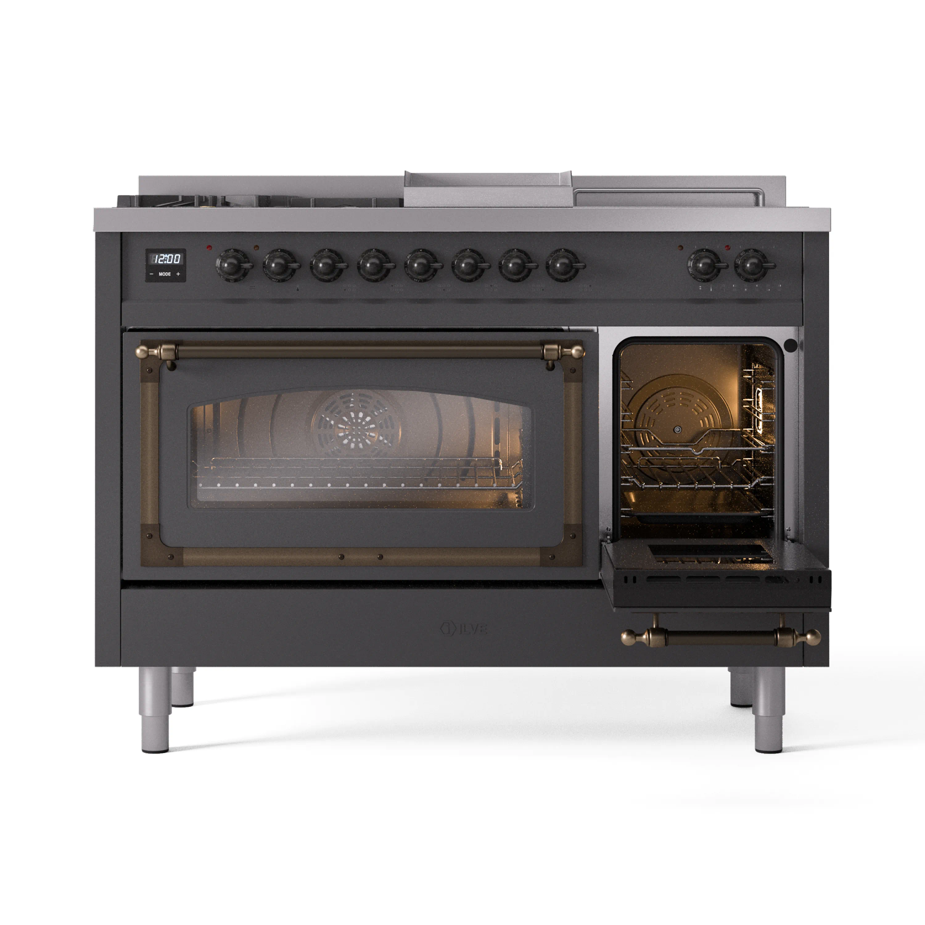 ILVE 48-Inch Nostalgie II Noblesse Natural Gas Dual Fuel Range with 5 Sealed Burners, Griddle, French Top and Triple Glass Door Oven in Matte Graphite with Bronze Trim - Image 7
