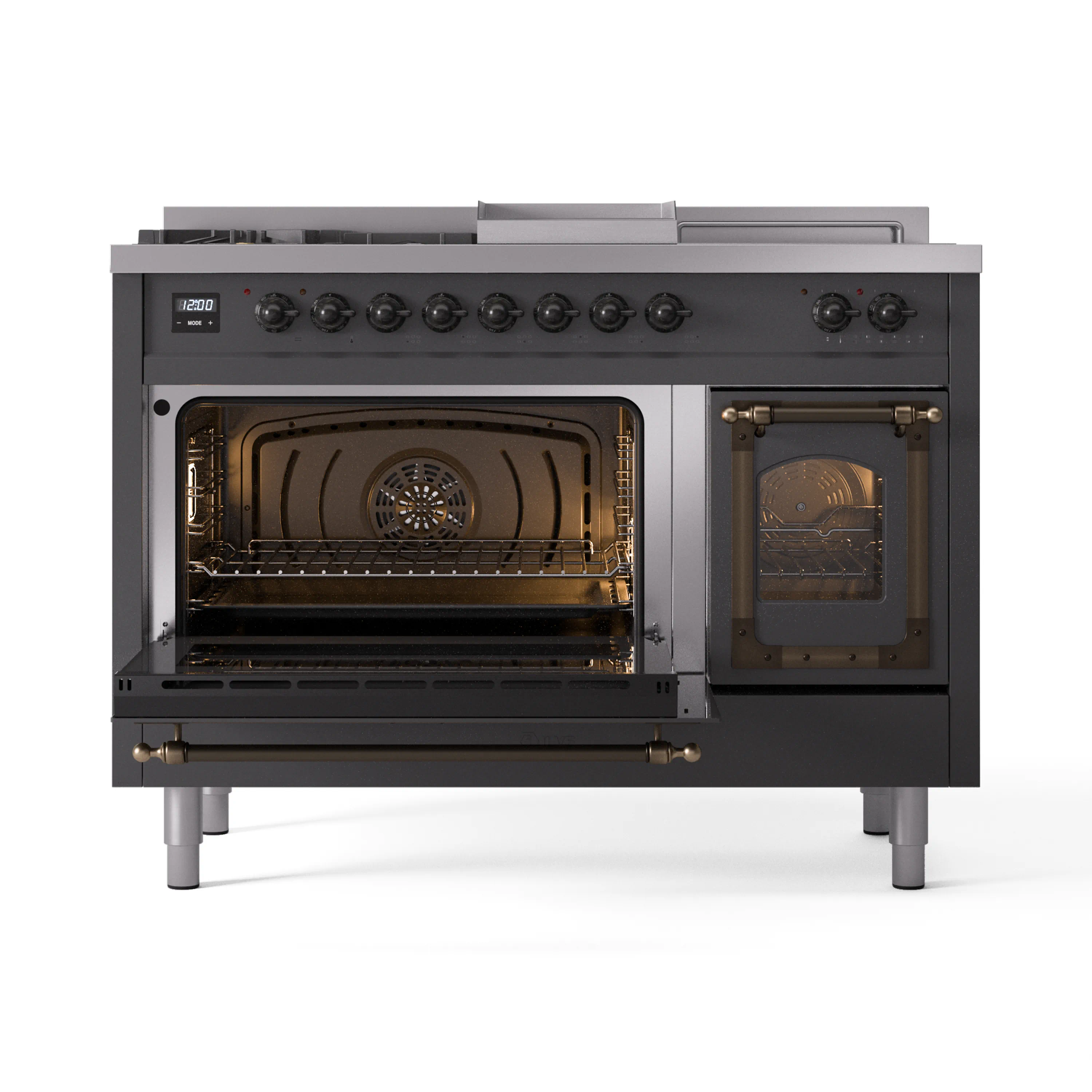 ILVE 48-Inch Nostalgie II Noblesse Natural Gas Dual Fuel Range with 5 Sealed Burners, Griddle, French Top and Triple Glass Door Oven in Matte Graphite with Bronze Trim - Image 8