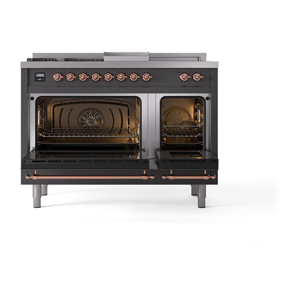 ILVE 48-Inch Nostalgie II Noblesse Natural Gas Dual Fuel Range with 5 Sealed Burners, Griddle, French Top and Solid Door Oven in Matte Graphite with Copper Trim - Image 2