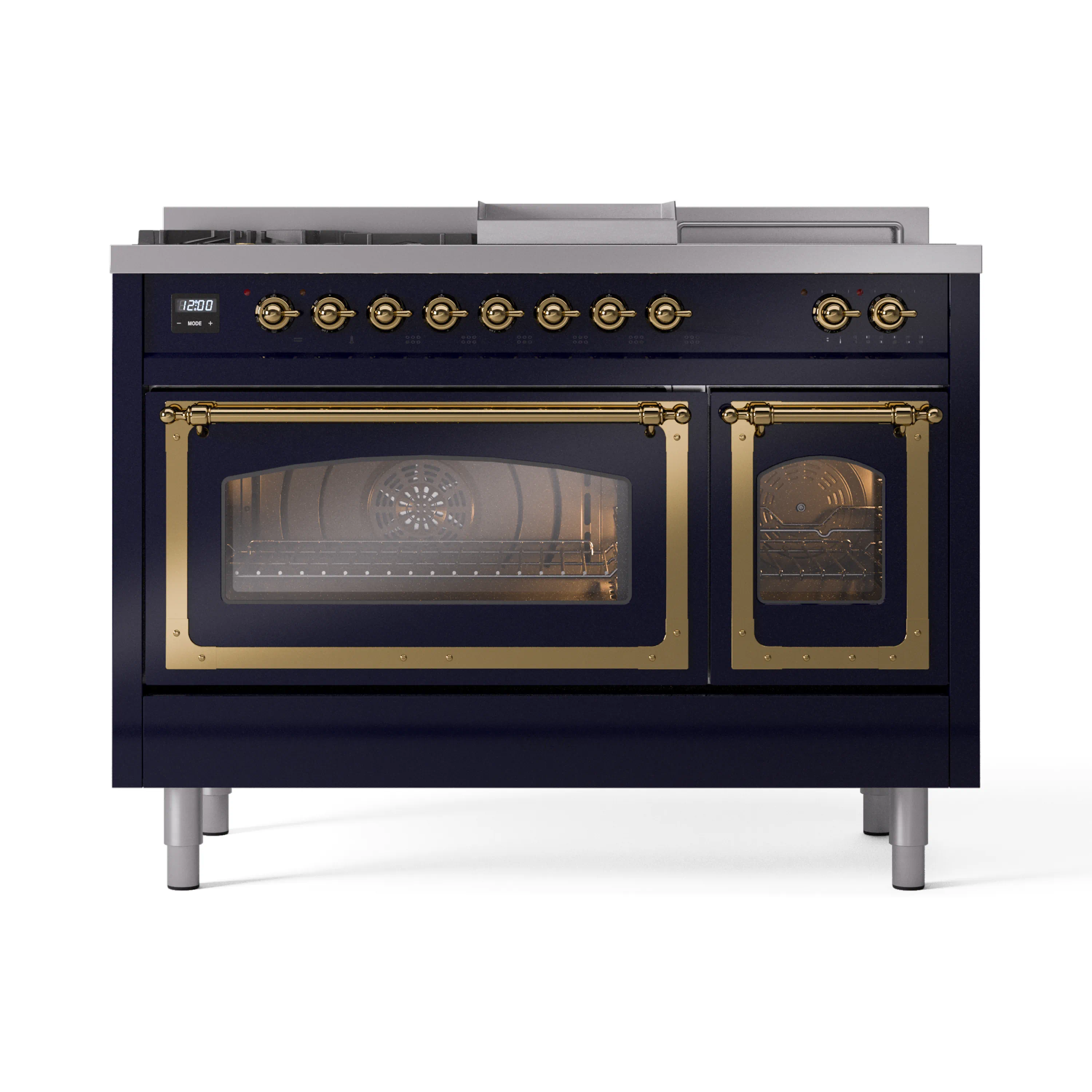 ILVE 48-Inch Nostalgie II Noblesse Natural Gas Dual Fuel Range with 5 Sealed Burners, Griddle, French Top and Triple Glass Door Oven in Midnight Blue with Brass Trim (UN48FSNMPMBG) - Image 2