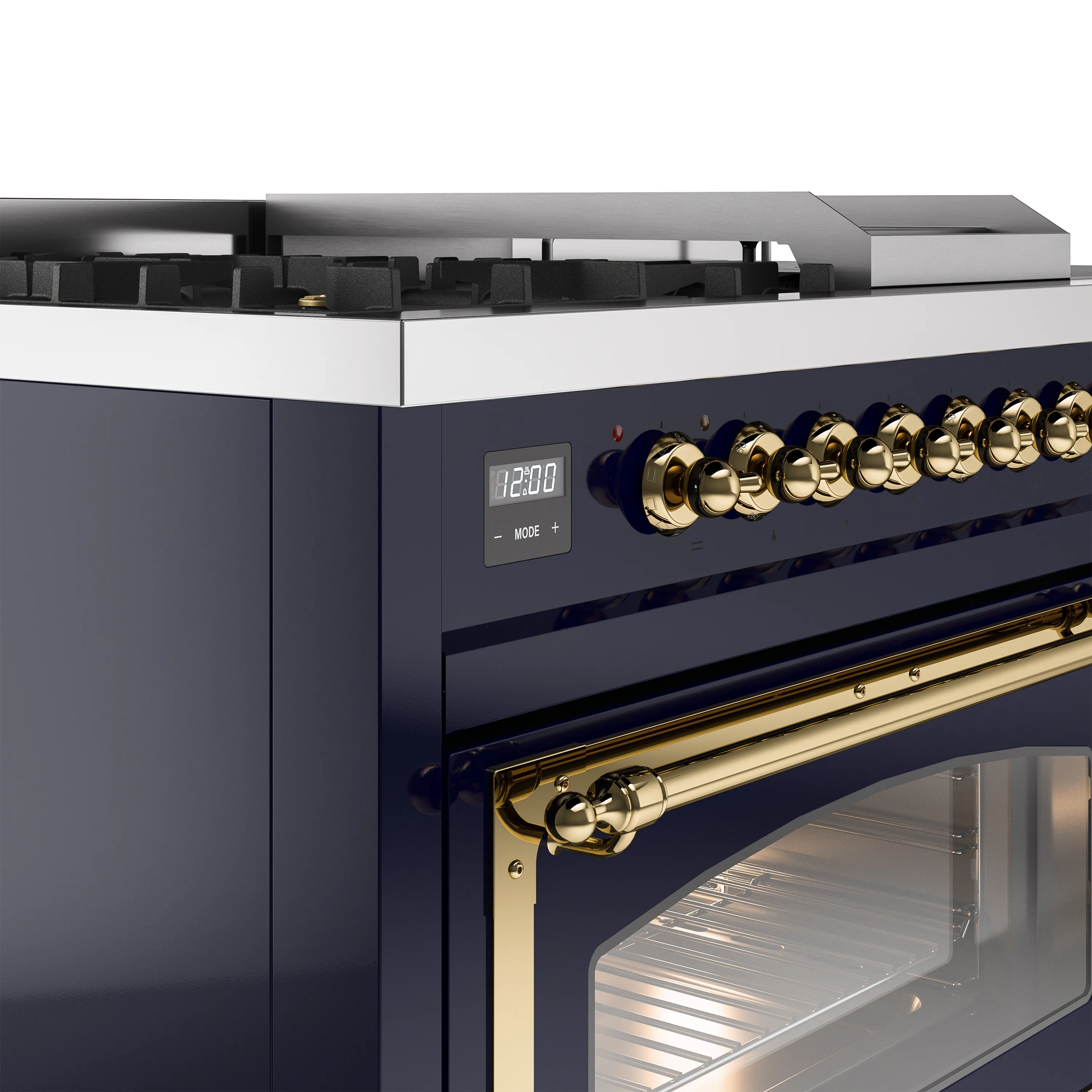 ILVE 48-Inch Nostalgie II Noblesse Natural Gas Dual Fuel Range with 5 Sealed Burners, Griddle, French Top and Triple Glass Door Oven in Midnight Blue with Brass Trim (UN48FSNMPMBG) - Image 3