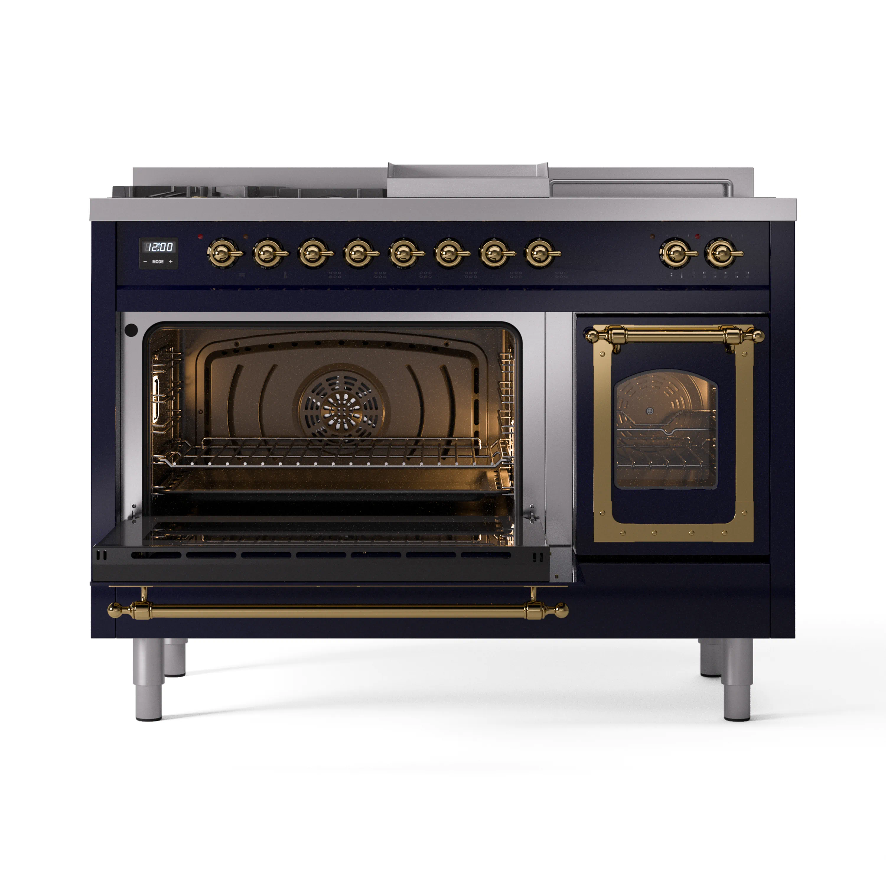 ILVE 48-Inch Nostalgie II Noblesse Natural Gas Dual Fuel Range with 5 Sealed Burners, Griddle, French Top and Triple Glass Door Oven in Midnight Blue with Brass Trim (UN48FSNMPMBG) - Image 6