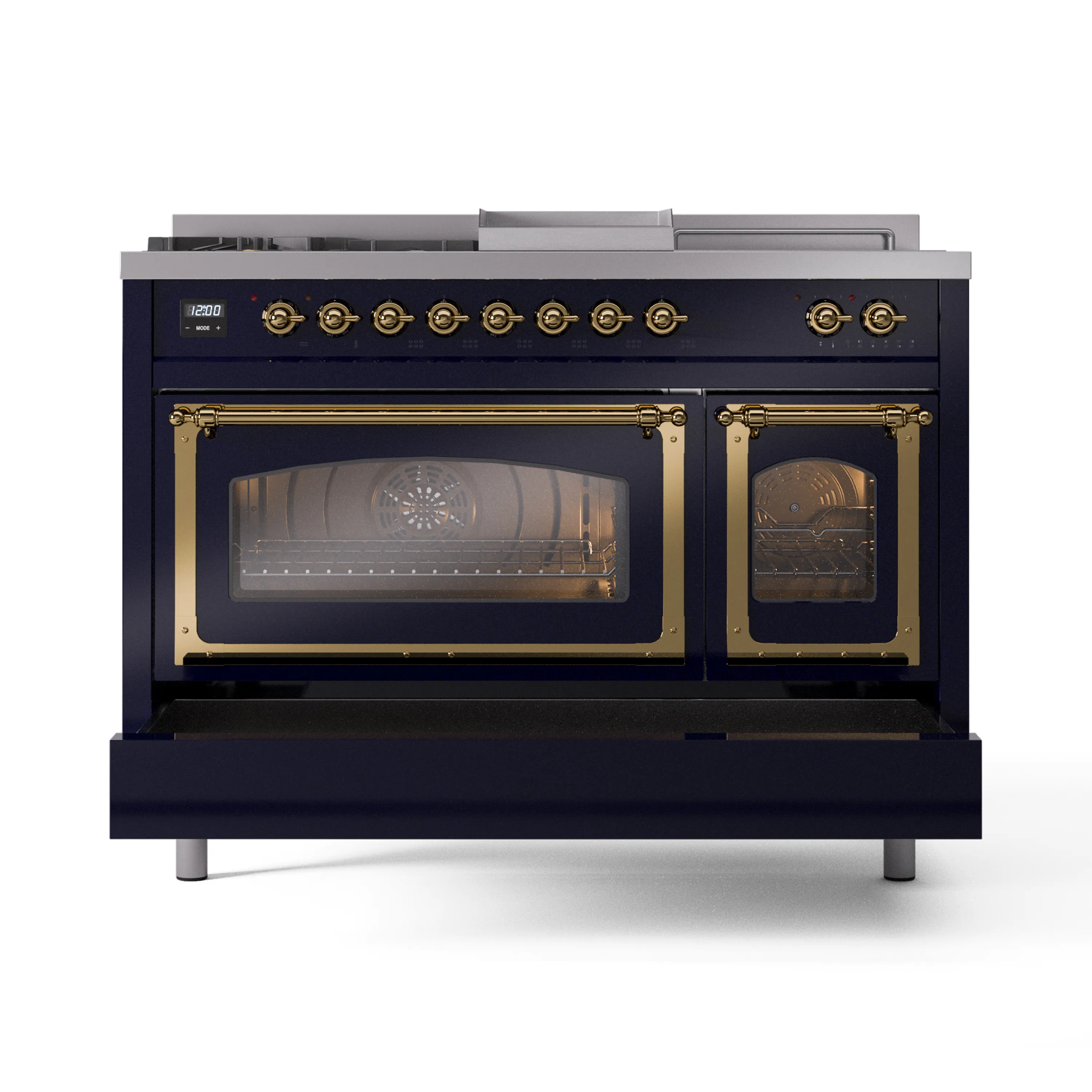 ILVE 48-Inch Nostalgie II Noblesse Natural Gas Dual Fuel Range with 5 Sealed Burners, Griddle, French Top and Triple Glass Door Oven in Midnight Blue with Brass Trim (UN48FSNMPMBG) - Image 7