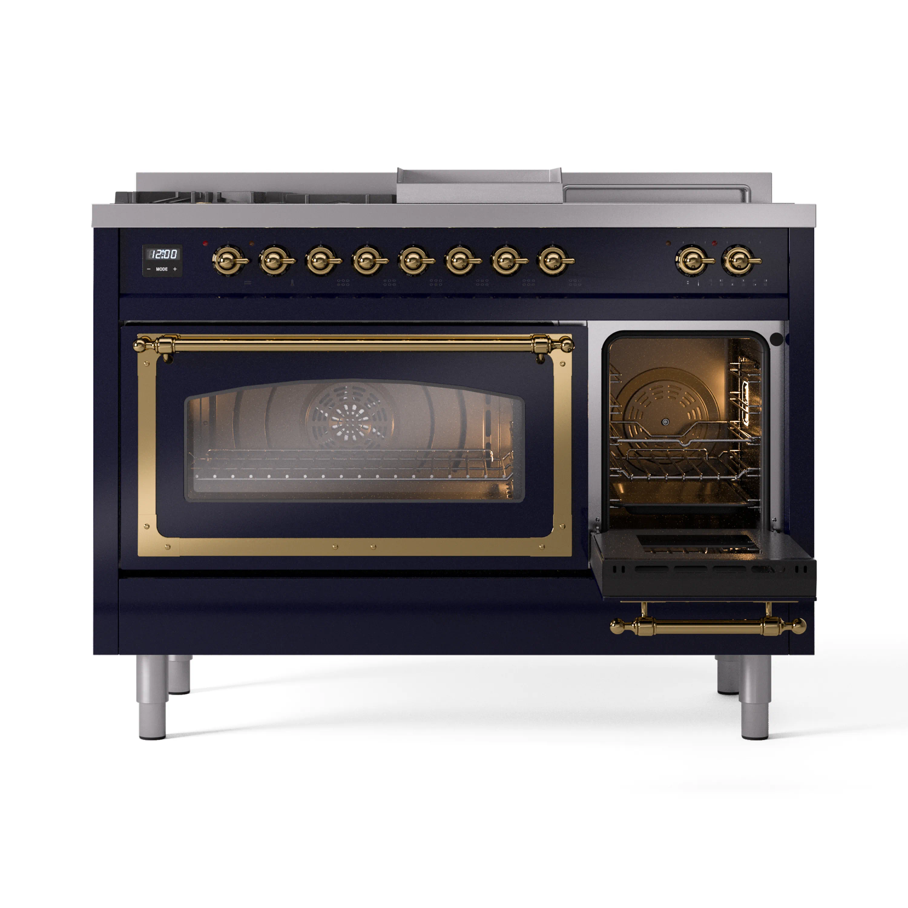 ILVE 48-Inch Nostalgie II Noblesse Natural Gas Dual Fuel Range with 5 Sealed Burners, Griddle, French Top and Triple Glass Door Oven in Midnight Blue with Brass Trim (UN48FSNMPMBG) - Image 8