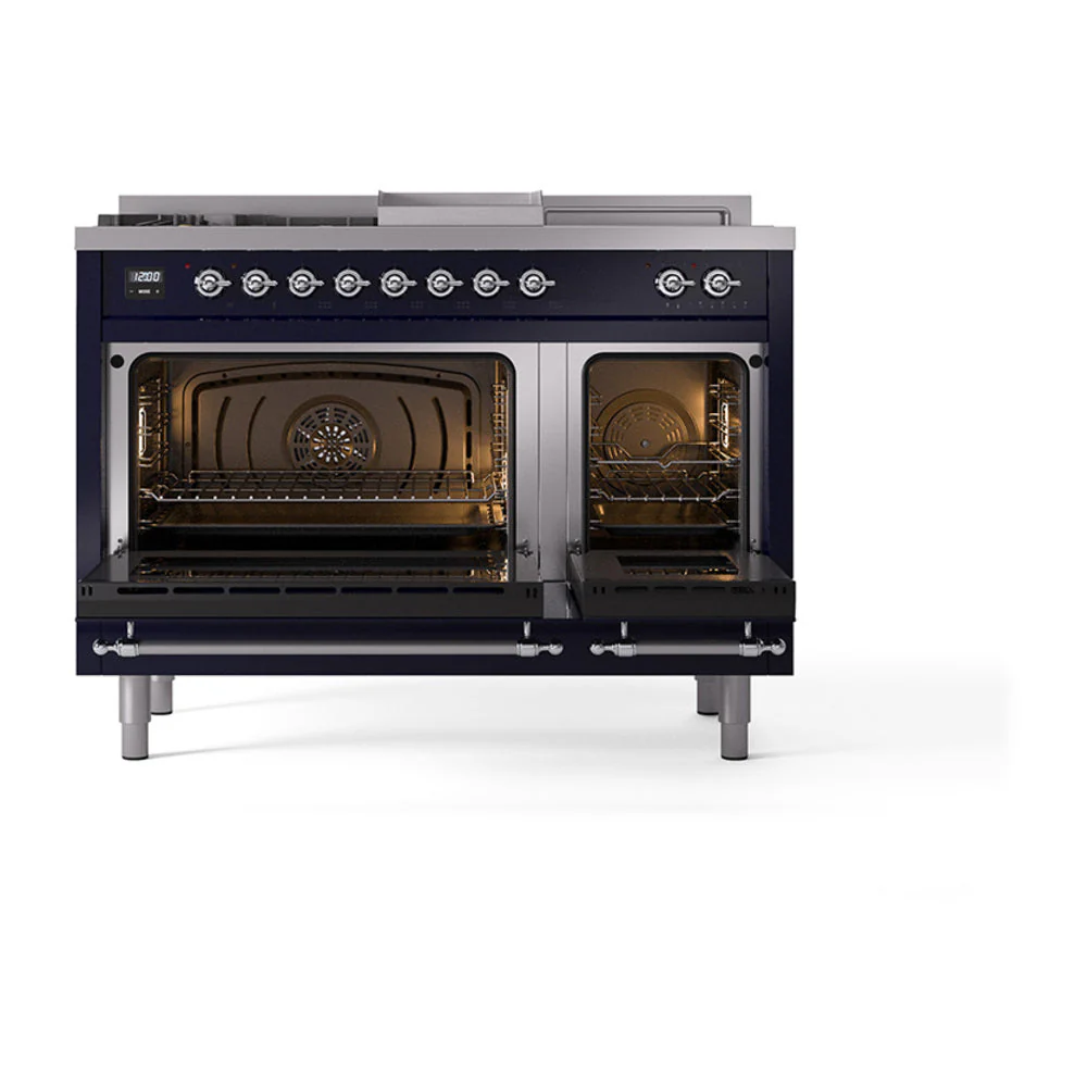 ILVE 48-Inch Nostalgie II Noblesse Natural Gas Dual Fuel Range with 5 Sealed Burners, Griddle, French Top and Solid Door Oven in Midnight Blue with Chrome Trim (UN48FSQNMPMBC) - Image 2