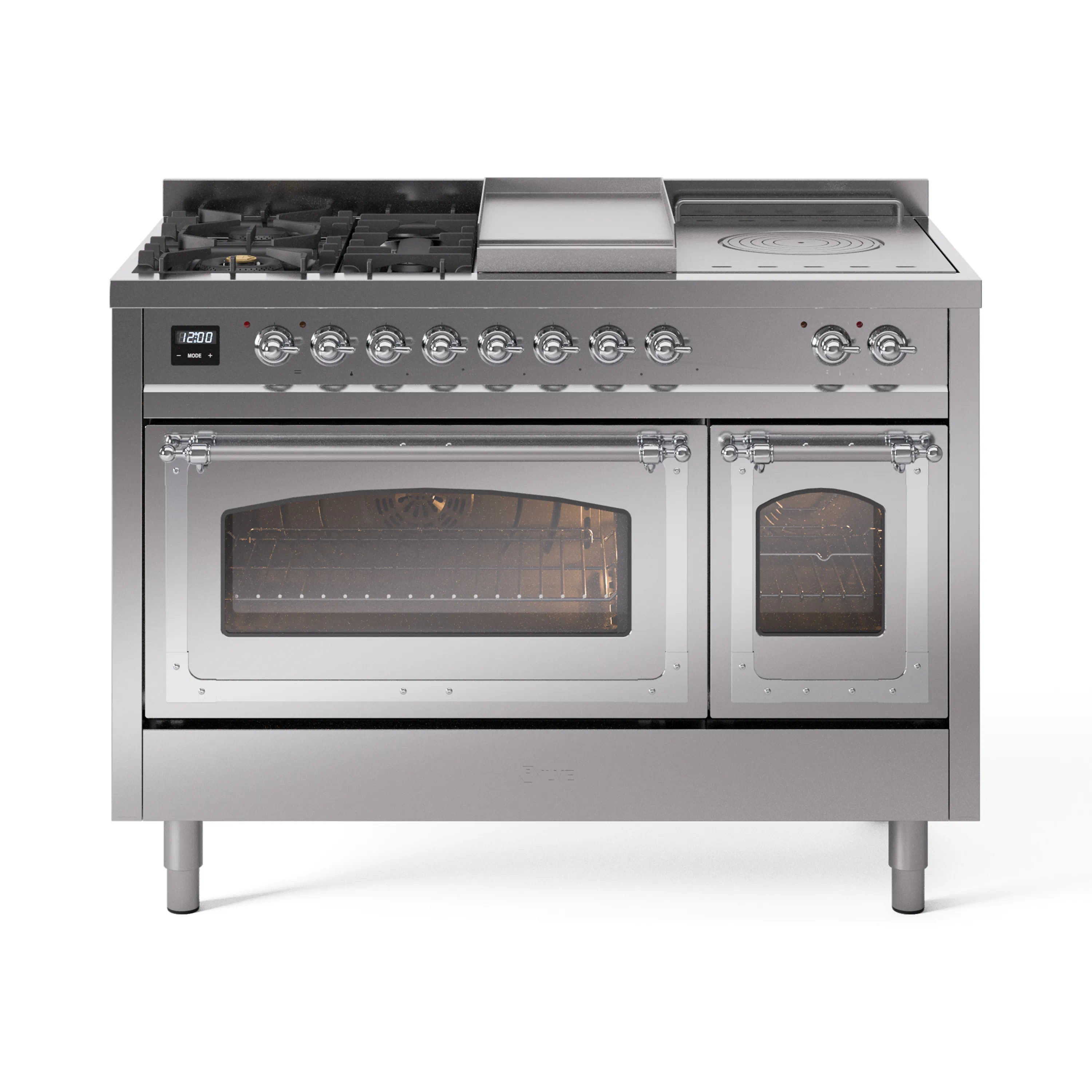 ILVE 48-Inch Nostalgie II Noblesse Natural Gas Dual Fuel Range with 5 Sealed Burners, Griddle, French Top and Triple Glass Door Oven in Stainless Steel with Chrome Trim (UN48FSNMPSSC) - Image 2