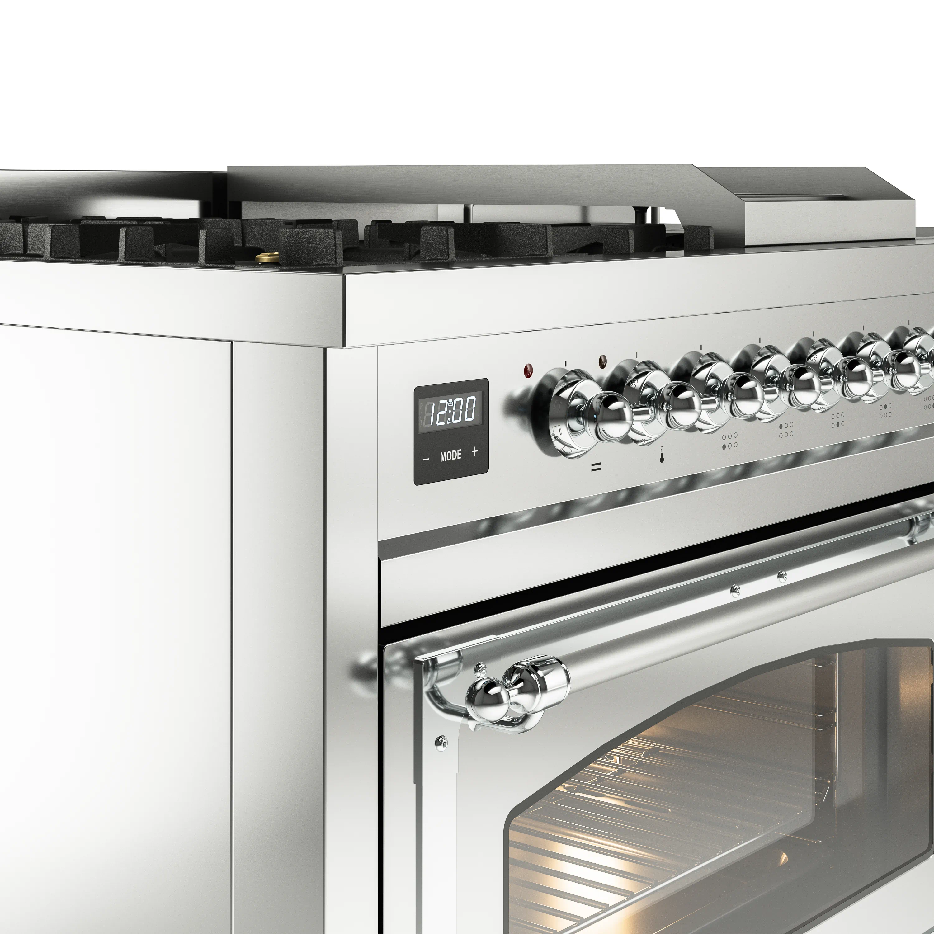 ILVE 48-Inch Nostalgie II Noblesse Natural Gas Dual Fuel Range with 5 Sealed Burners, Griddle, French Top and Triple Glass Door Oven in Stainless Steel with Chrome Trim (UN48FSNMPSSC) - Image 3