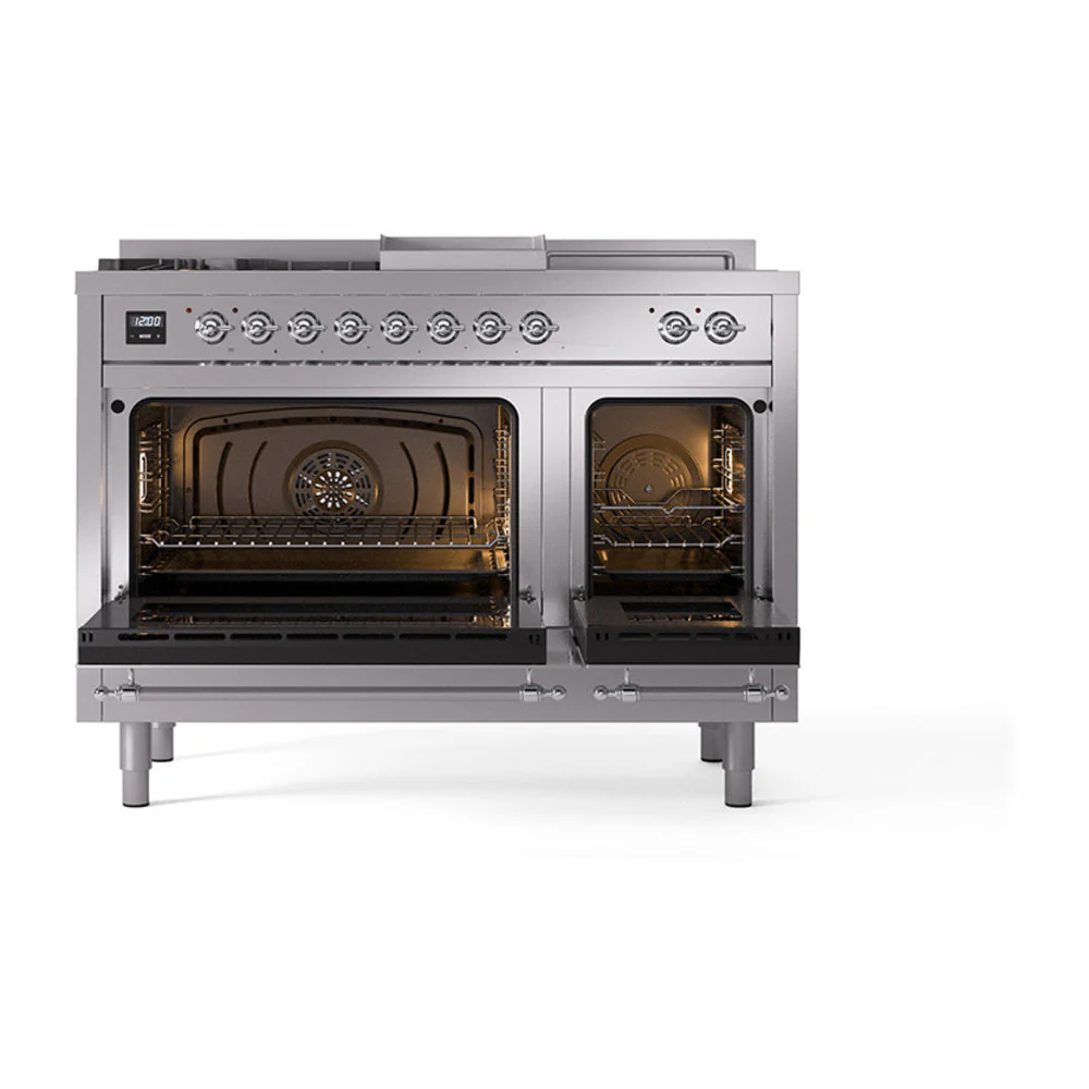 ILVE 48-Inch Nostalgie II Noblesse Natural Gas Dual Fuel Range with 5 Sealed Burners, Griddle, French Top and Triple Glass Door Oven in Stainless Steel with Chrome Trim (UN48FSNMPSSC) - Image 5