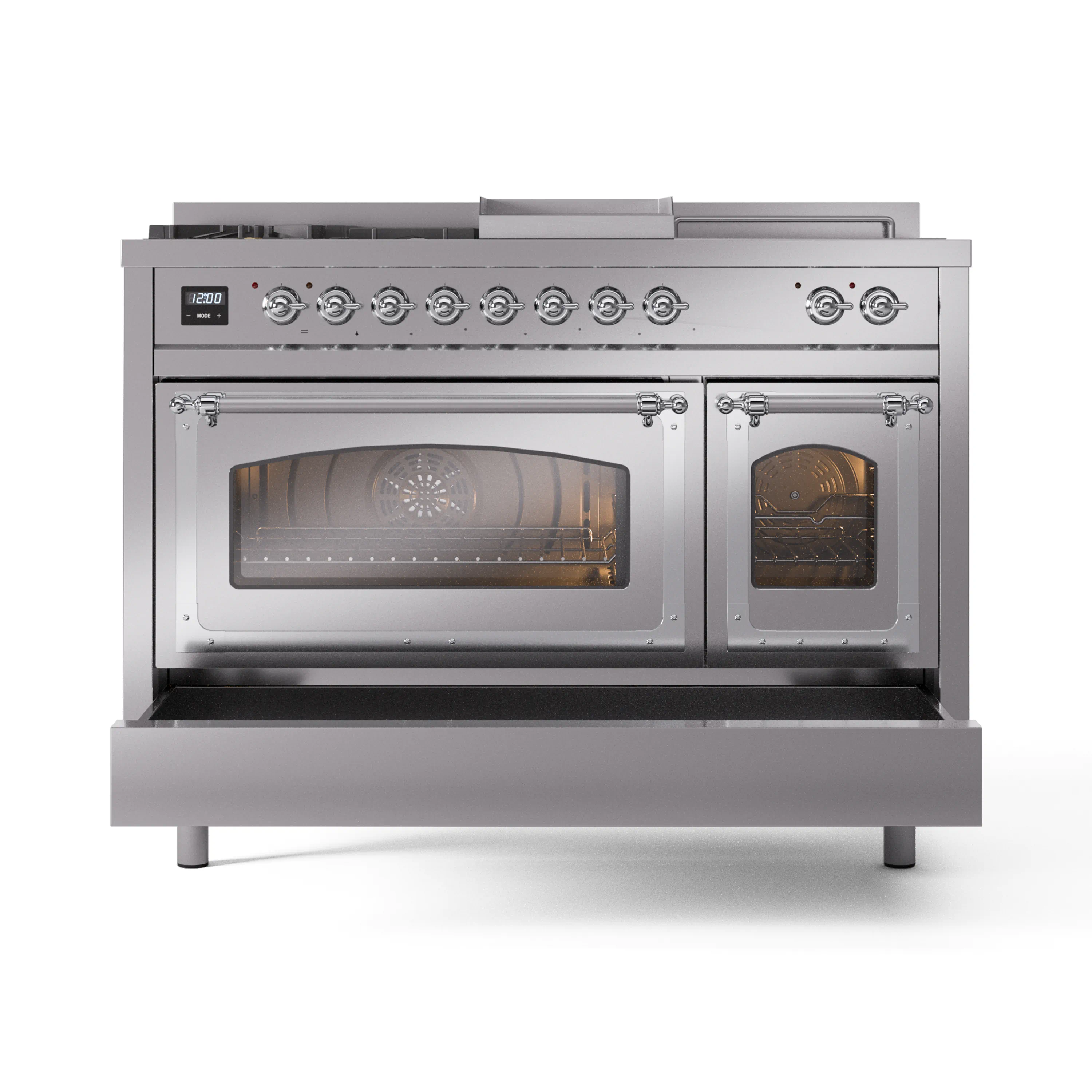 ILVE 48-Inch Nostalgie II Noblesse Natural Gas Dual Fuel Range with 5 Sealed Burners, Griddle, French Top and Triple Glass Door Oven in Stainless Steel with Chrome Trim (UN48FSNMPSSC) - Image 6